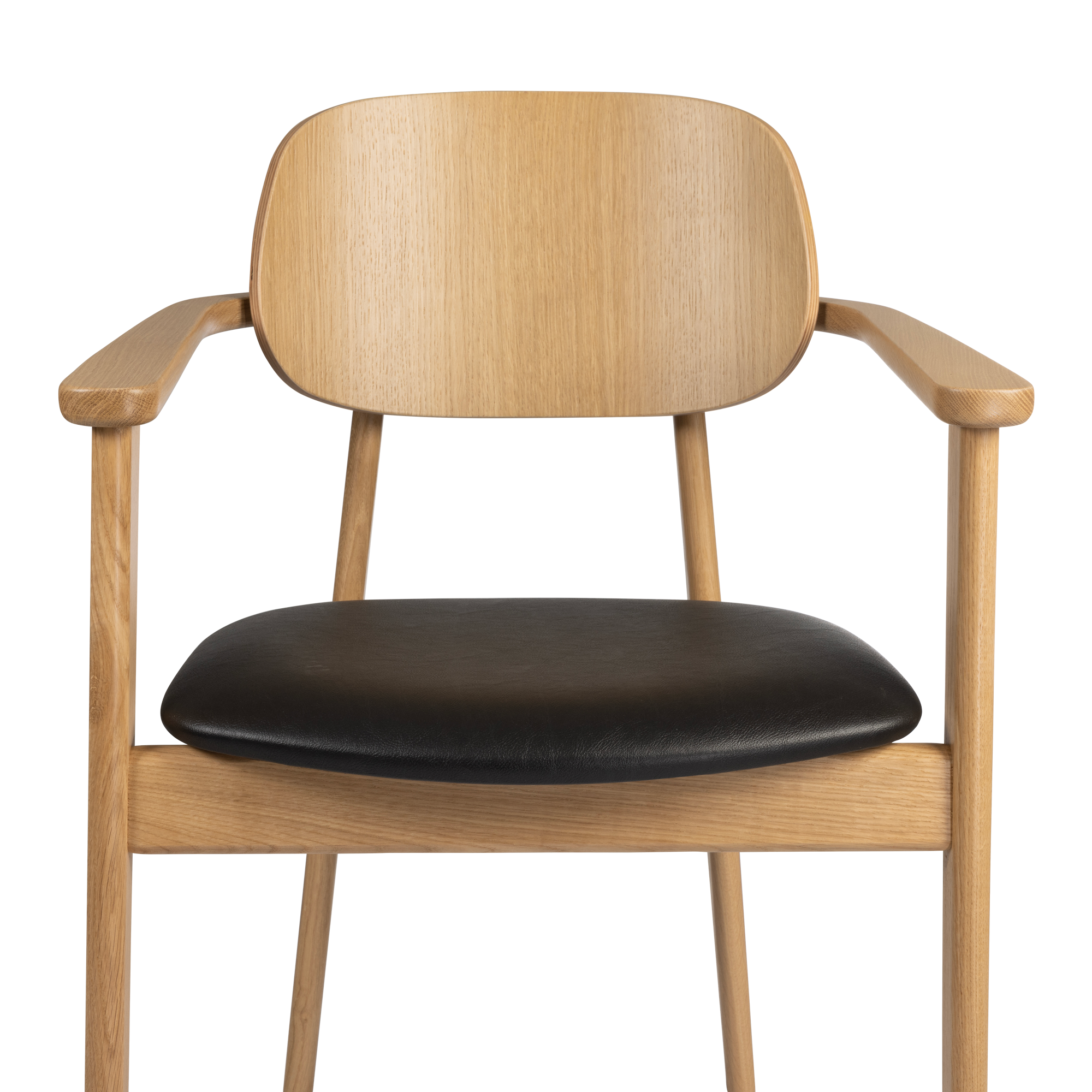 Relish Arm Chair - Natural Oak - Lascari Vintage Black Seat Pad features a smooth natural oak frame with a comfortable black vintage-style padded seat, ideal for commercial interiors.