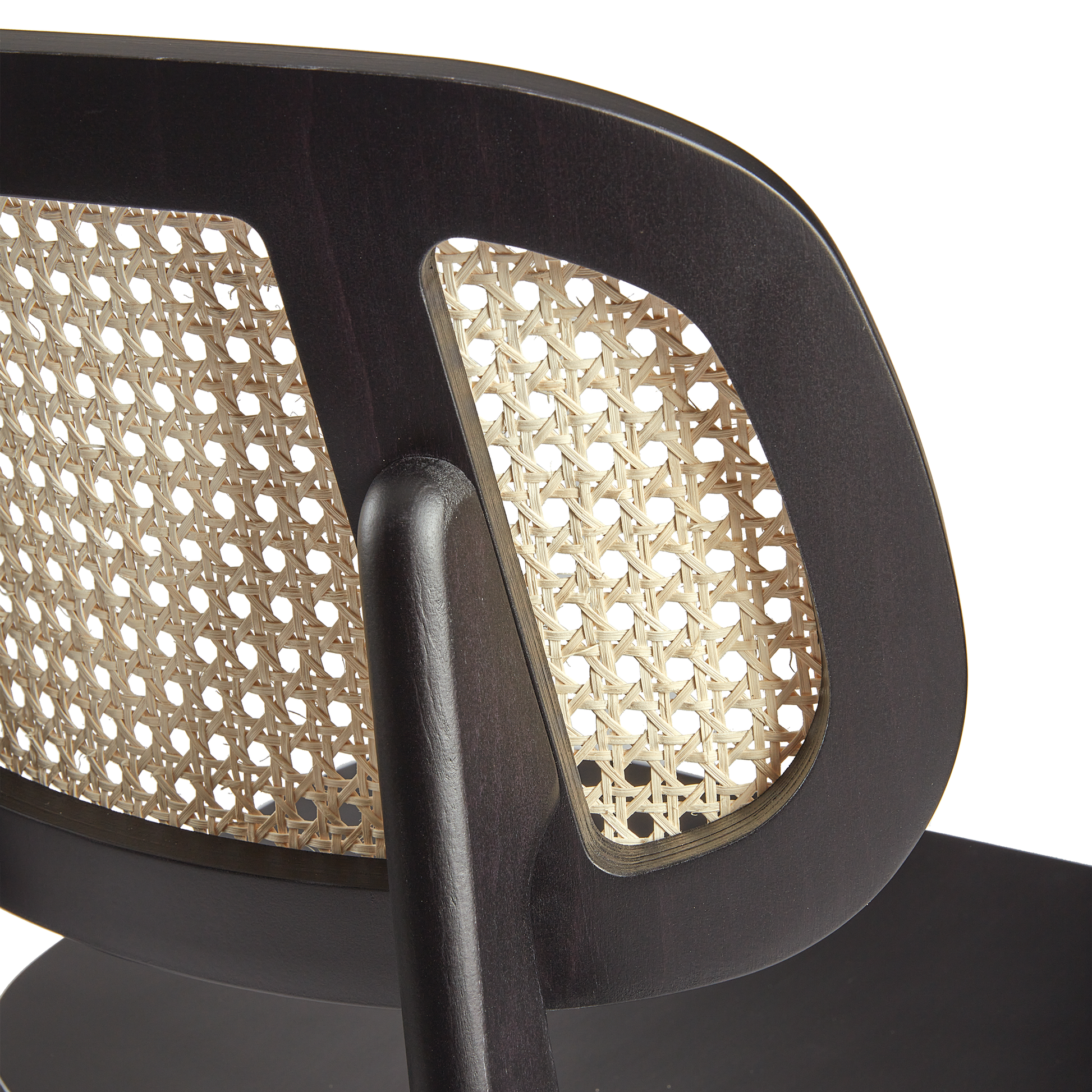 Close-up view of the natural cane back detail with beech satin black frame on the Relish Bar Stool - Beech Satin Black - Natural Cane Back - Lascari Vintage Brown Seat Pad.