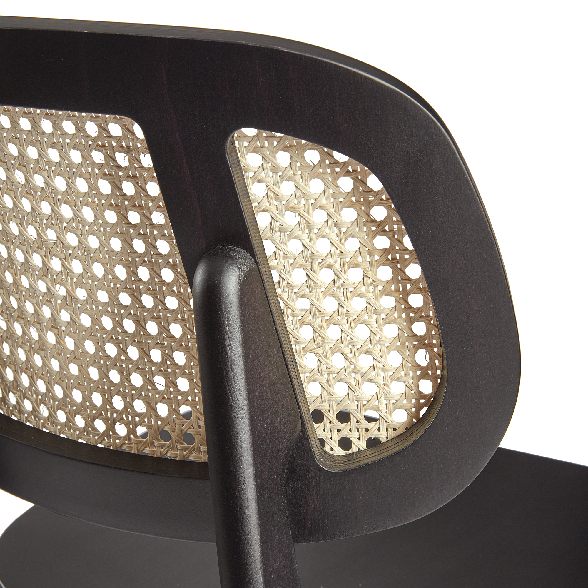 Close-up view of the natural cane back detail with beech satin black frame on the Relish Bar Stool - Beech Satin Black - Natural Cane Back - Lascari Vintage Brown Seat Pad.