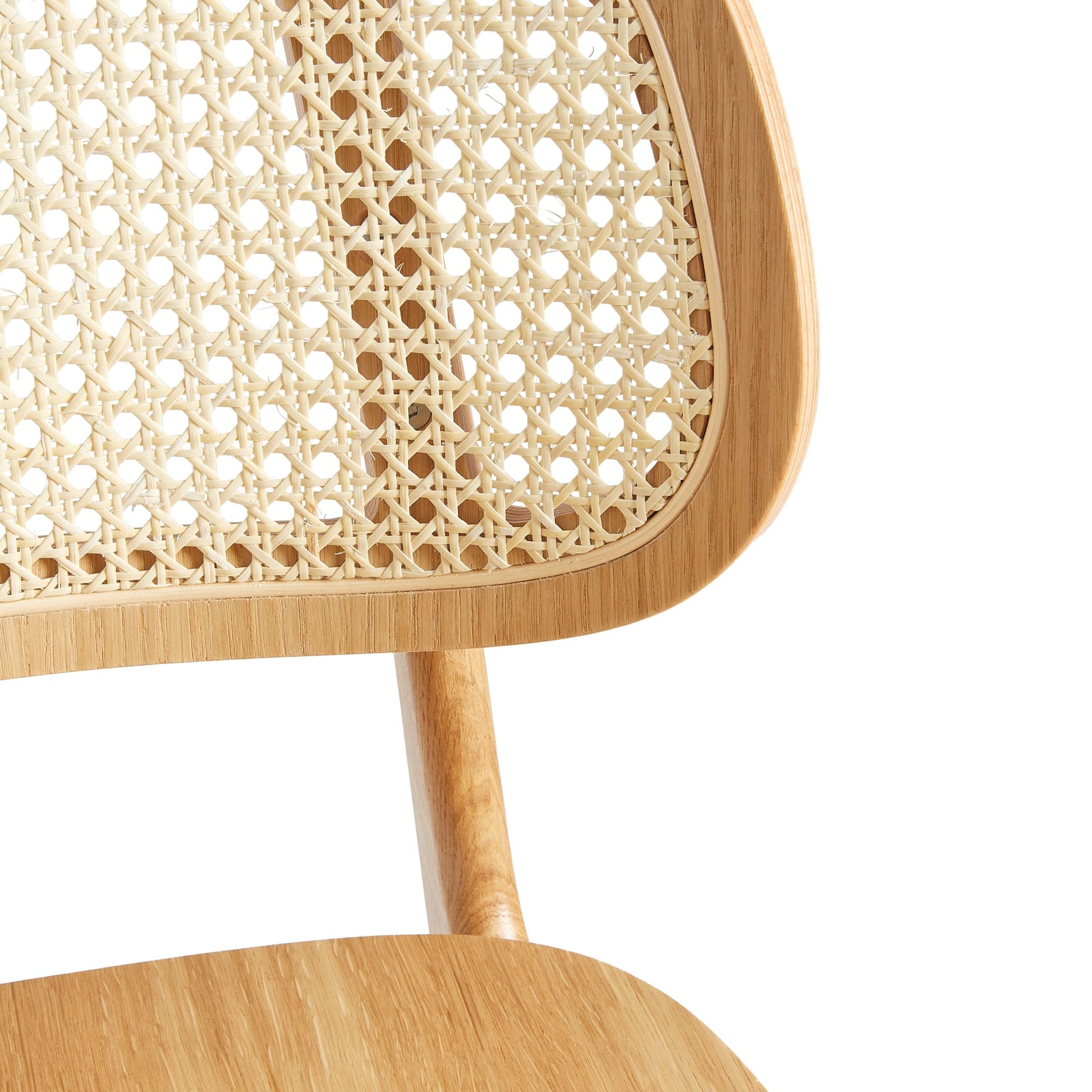 Close-up detail of the natural cane back and natural oak frame on the Relish Bar Stool - Natural Oak - Natural Cane Back - Lascari Vintage Brown Seat Pad showcasing craftsmanship and material quality.
