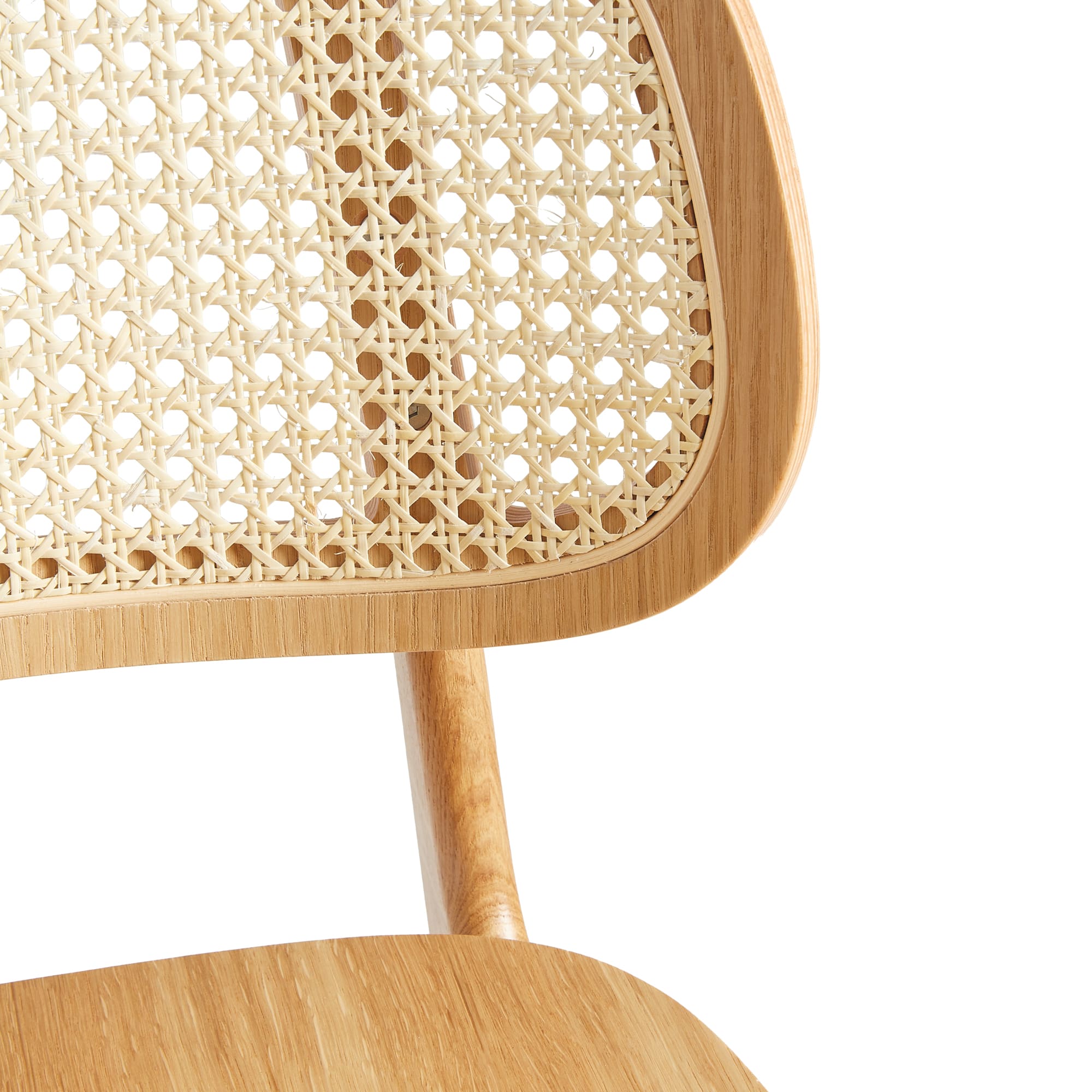 Close-up detail of the natural cane back and natural oak frame on the Relish Bar Stool - Natural Oak - Natural Cane Back - Lascari Vintage Brown Seat Pad showcasing craftsmanship and material quality.