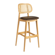 Relish Bar Stool - Natural Oak - Natural Cane Back - Lascari Vintage Brown Seat Pad featuring a natural oak frame, woven natural cane backrest, and a brown vintage seat pad, ideal for commercial and hospitality spaces.