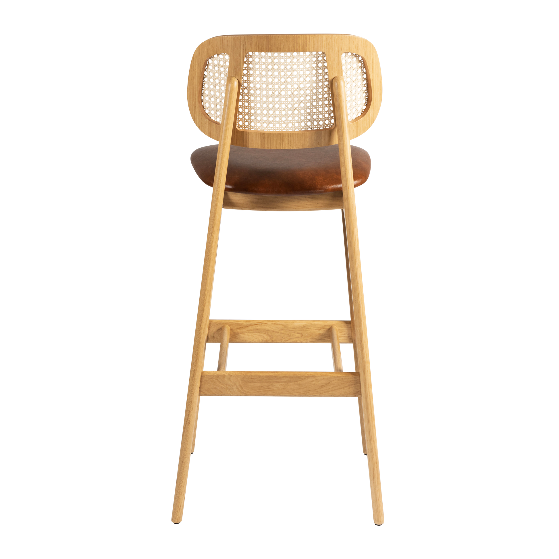 Relish Bar Stool - Natural Oak - Natural Cane Back - Lascari Vintage Tan Seat Pad viewed from the back, showcasing its natural oak frame, woven cane backrest, and vintage tan seat pad.