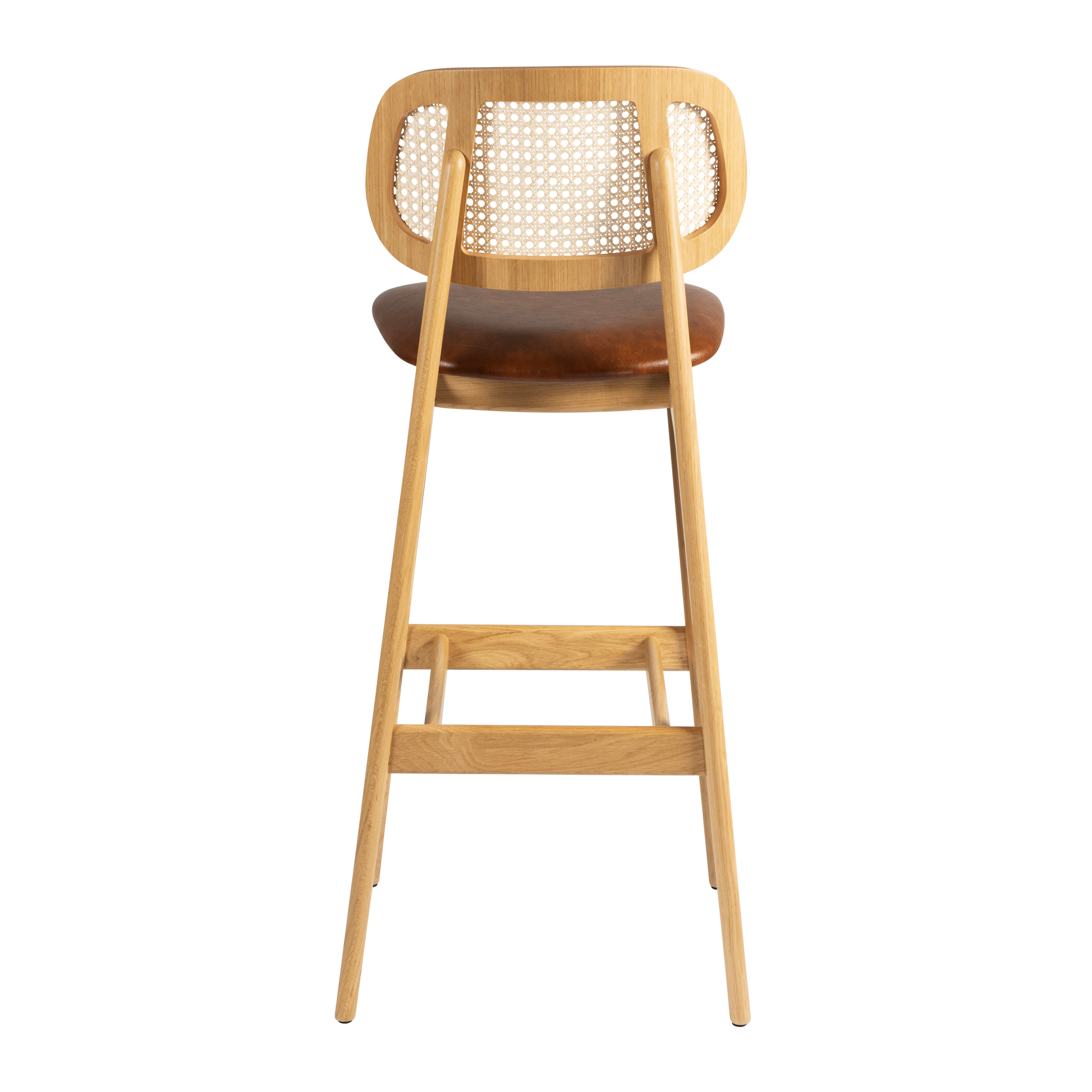 Relish Bar Stool - Natural Oak - Natural Cane Back - Lascari Vintage Tan Seat Pad viewed from the back, showcasing its natural oak frame, woven cane backrest, and vintage tan seat pad.