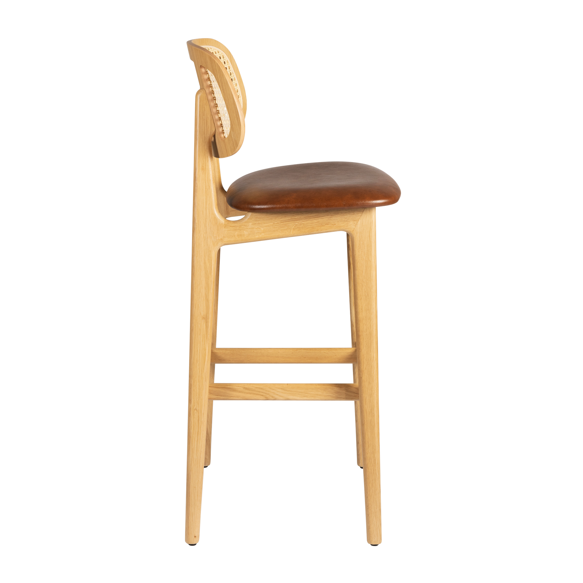 Side view of the Relish Bar Stool - Natural Oak - Natural Cane Back - Lascari Vintage Tan Seat Pad, showcasing its natural oak frame, woven cane backrest, and vintage tan padded seat.