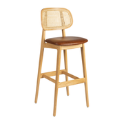 Relish Bar Stool - Natural Oak - Natural Cane Back - Lascari Vintage Tan Seat Pad with a sleek natural oak frame, woven cane backrest, and vintage tan cushioned seat, ideal for stylish commercial interiors.