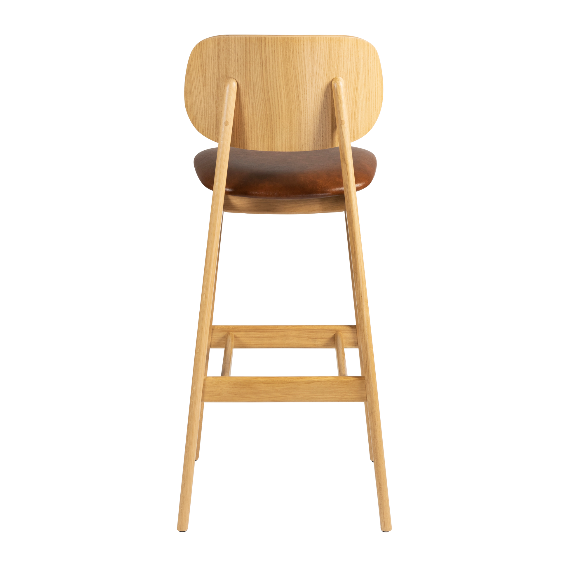 Relish Bar Stool - Natural Oak - Lascari Vintage Tan Seat Pad shown from the back, featuring a sturdy natural oak frame and a comfortable vintage tan seat pad for stylish commercial interiors.