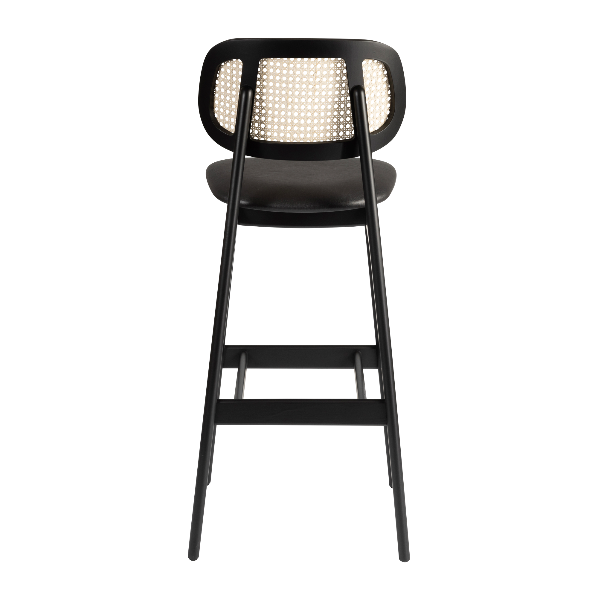 Relish Bar Stool - Beech Satin Black - Natural Cane Back - Lascari Vintage Black Seat Pad shown from the rear, highlighting its sleek black frame and woven cane backrest.