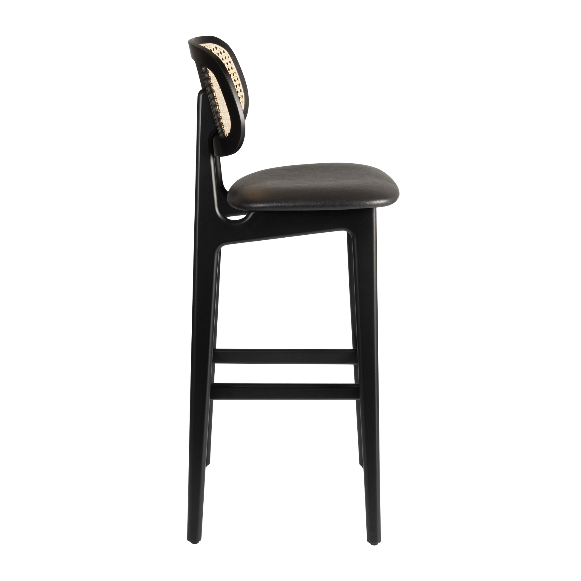 Relish Bar Stool - Beech Satin Black - Natural Cane Back - Lascari Vintage Black Seat Pad featuring a sleek black frame, natural woven cane backrest, and a comfortable vintage-style black seat cushion.