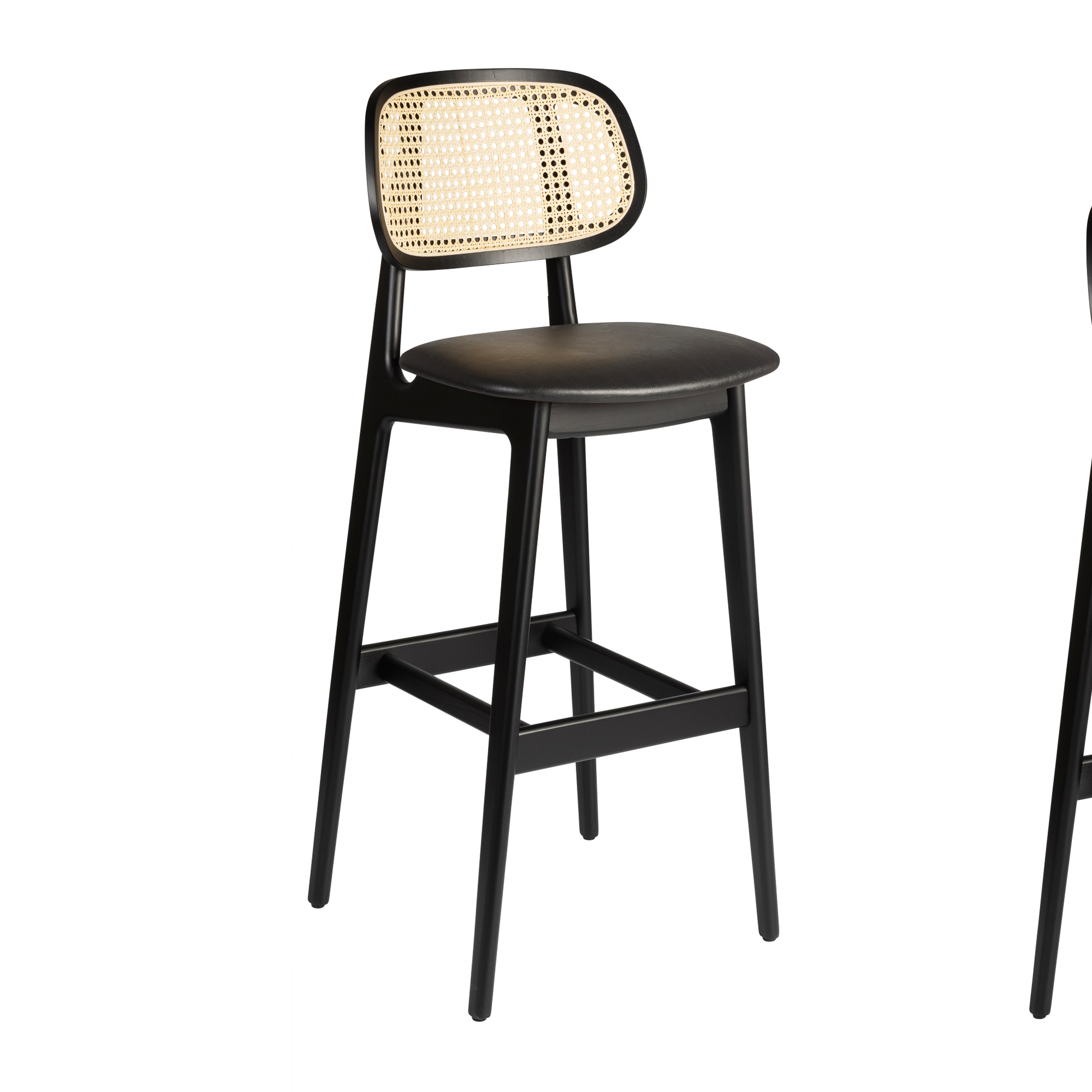 Relish Bar Stool - Beech Satin Black - Natural Cane Back - Lascari Vintage Black Seat Pad featuring a sleek black frame with a natural cane backrest and a vintage black padded seat, ideal for stylish interiors.