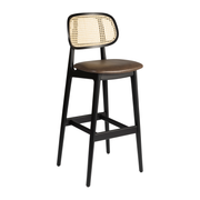 Relish Bar Stool - Beech Satin Black frame with natural cane back and Lascari vintage brown seat pad, designed for stylish commercial interiors and hospitality settings.