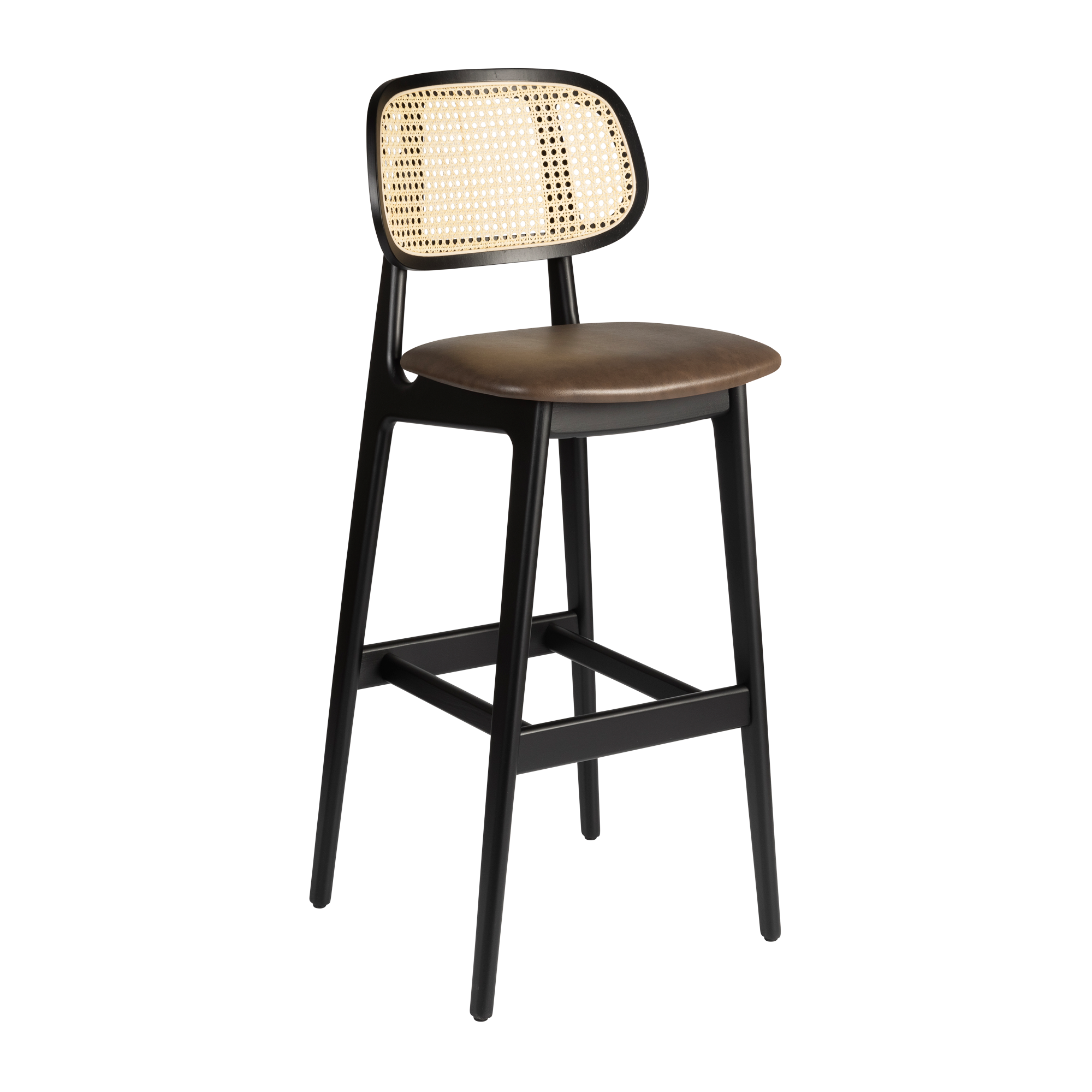 Relish Bar Stool - Beech Satin Black frame with natural cane back and Lascari vintage brown seat pad, designed for stylish commercial interiors and hospitality settings.