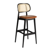 Relish Bar Stool - Beech Satin Black frame with a natural cane backrest and a Lascari vintage tan seat pad, featuring elegant and durable design ideal for commercial interiors.