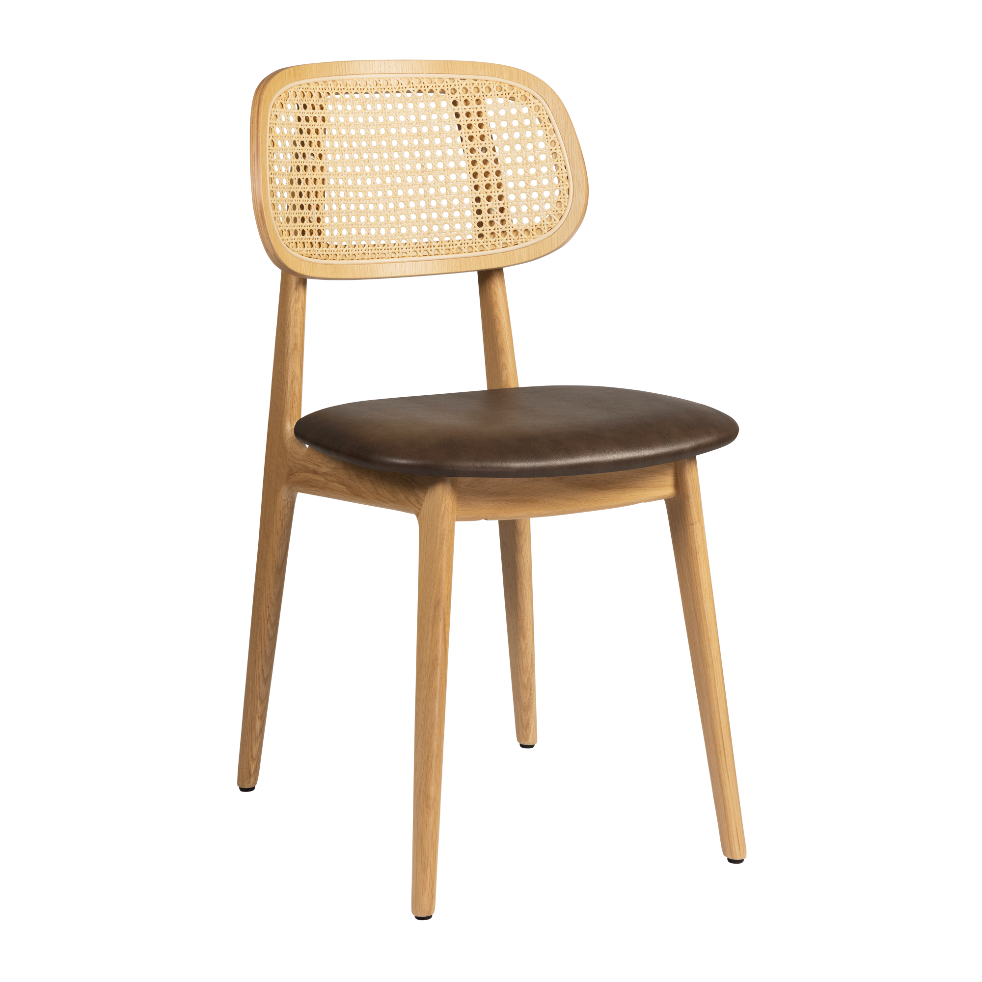 Relish Side Chair - Natural Oak - Natural Cane Back - Lascari Vintage Brown Seat Pad with a sleek wooden frame, woven cane backrest, and vintage brown cushioned seat, ideal for stylish commercial interiors.
