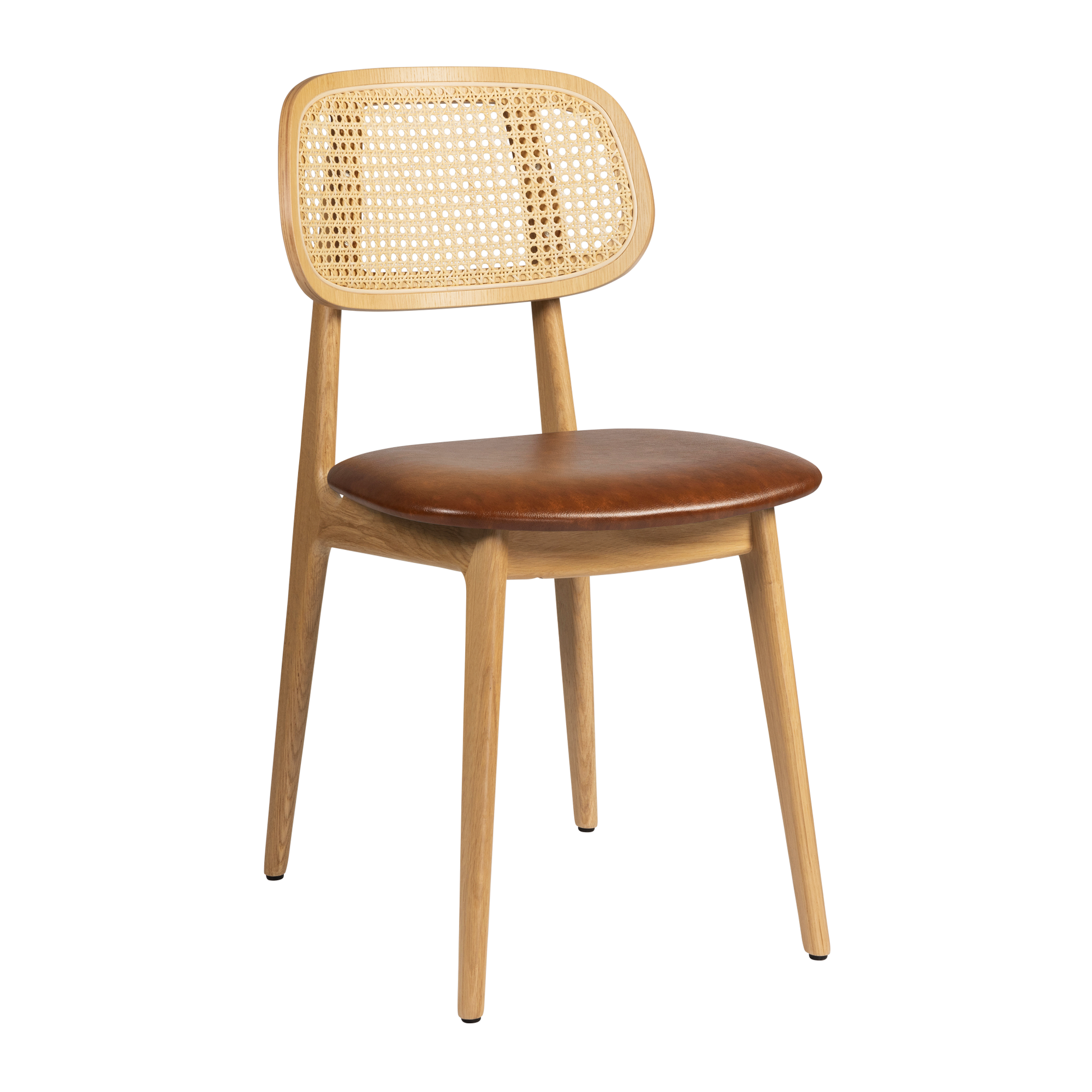Relish Side Chair - Natural Oak - Natural Cane Back - Lascari Vintage Tan Seat Pad with a sturdy oak frame, woven cane backrest, and comfortable vintage tan seat pad, perfect for commercial interiors.