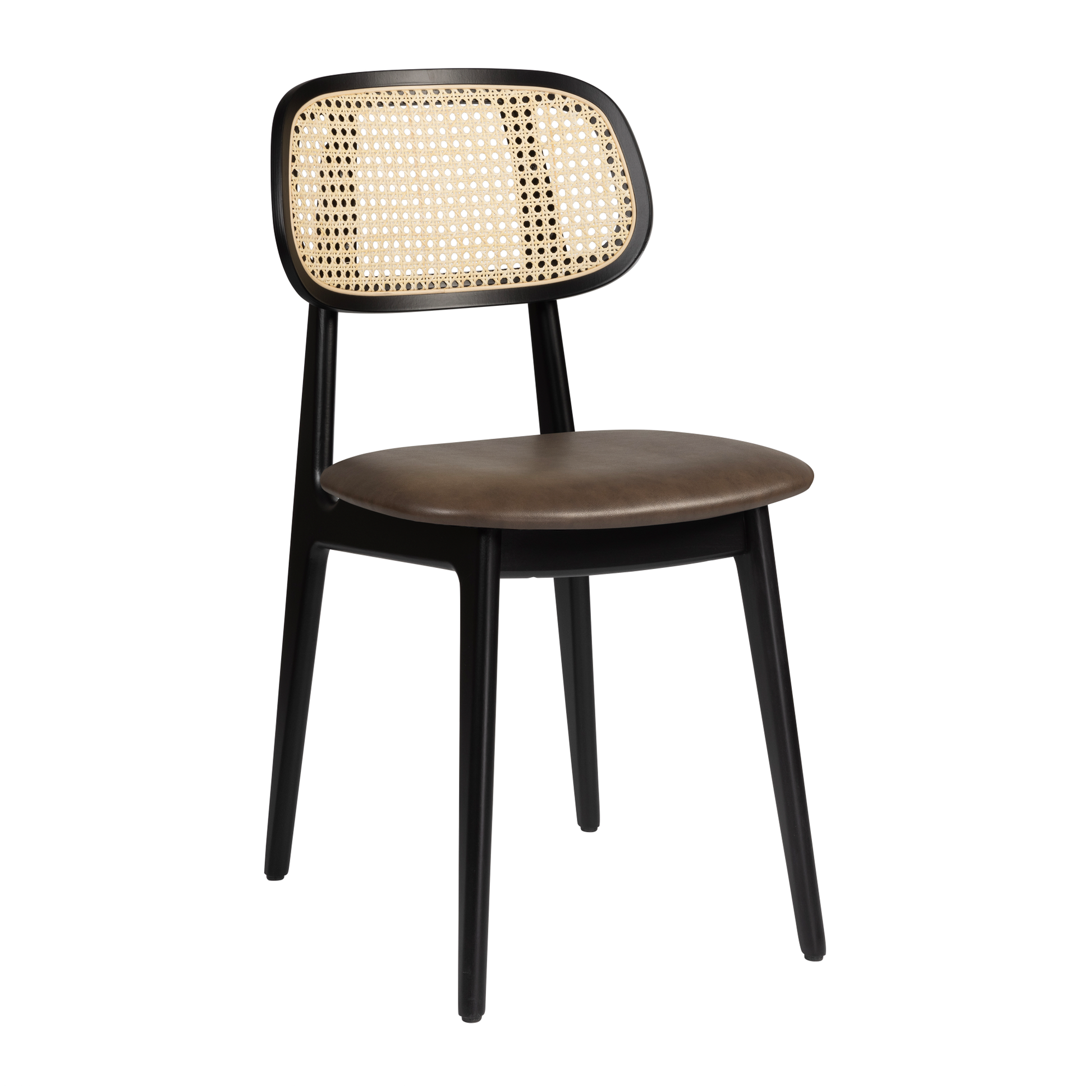 Relish Side Chair - Beech Satin Black frame with a natural cane back and Lascari Vintage Brown cushioned seat pad, combining classic style and commercial-grade durability.