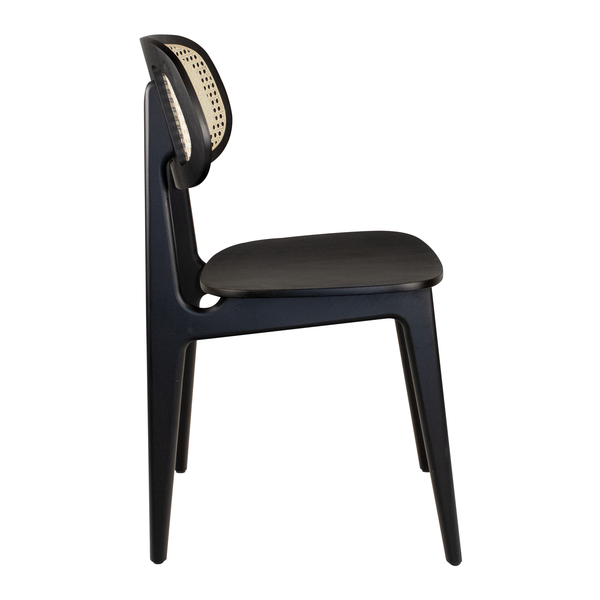 Relish Side Chair - Beech Satin Black frame with a natural cane backrest and Lascari Vintage Black seat pad, showcasing elegant craftsmanship and timeless design.
