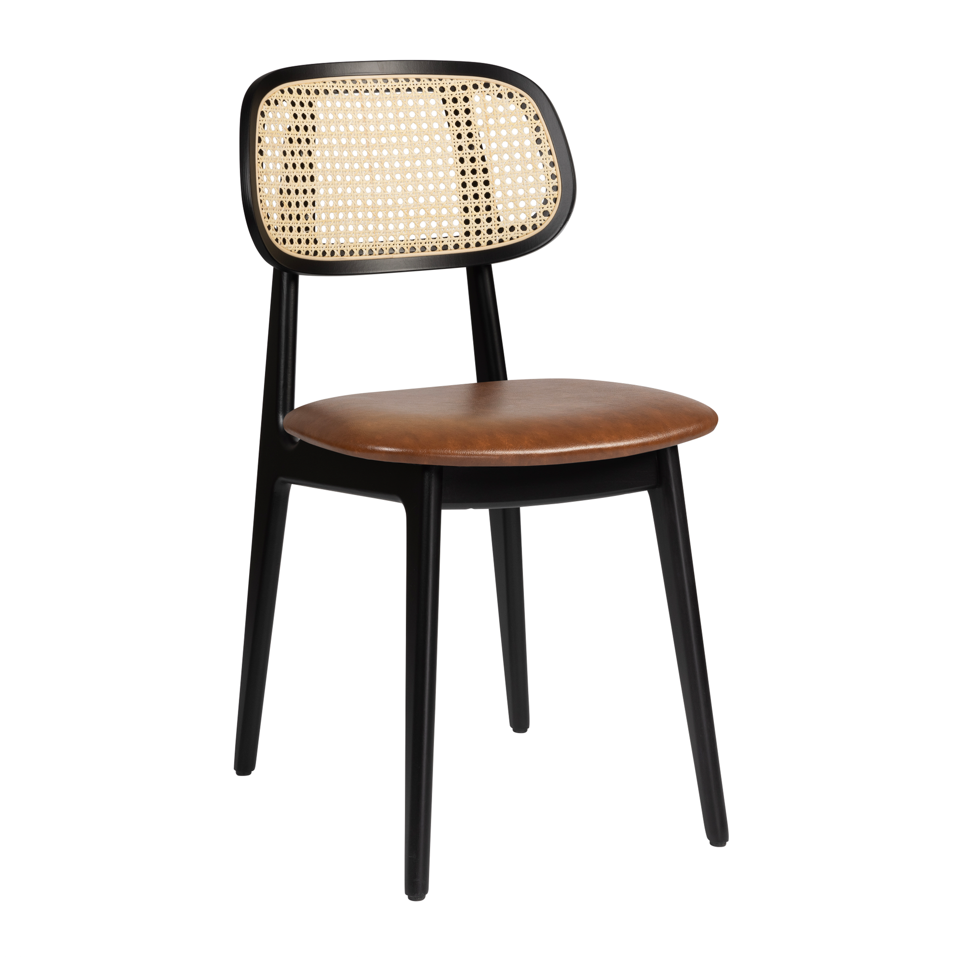 Relish Side Chair - Beech Satin Black frame with natural cane back and Lascari Vintage Tan seat pad, designed for stylish, durable contract furniture settings.