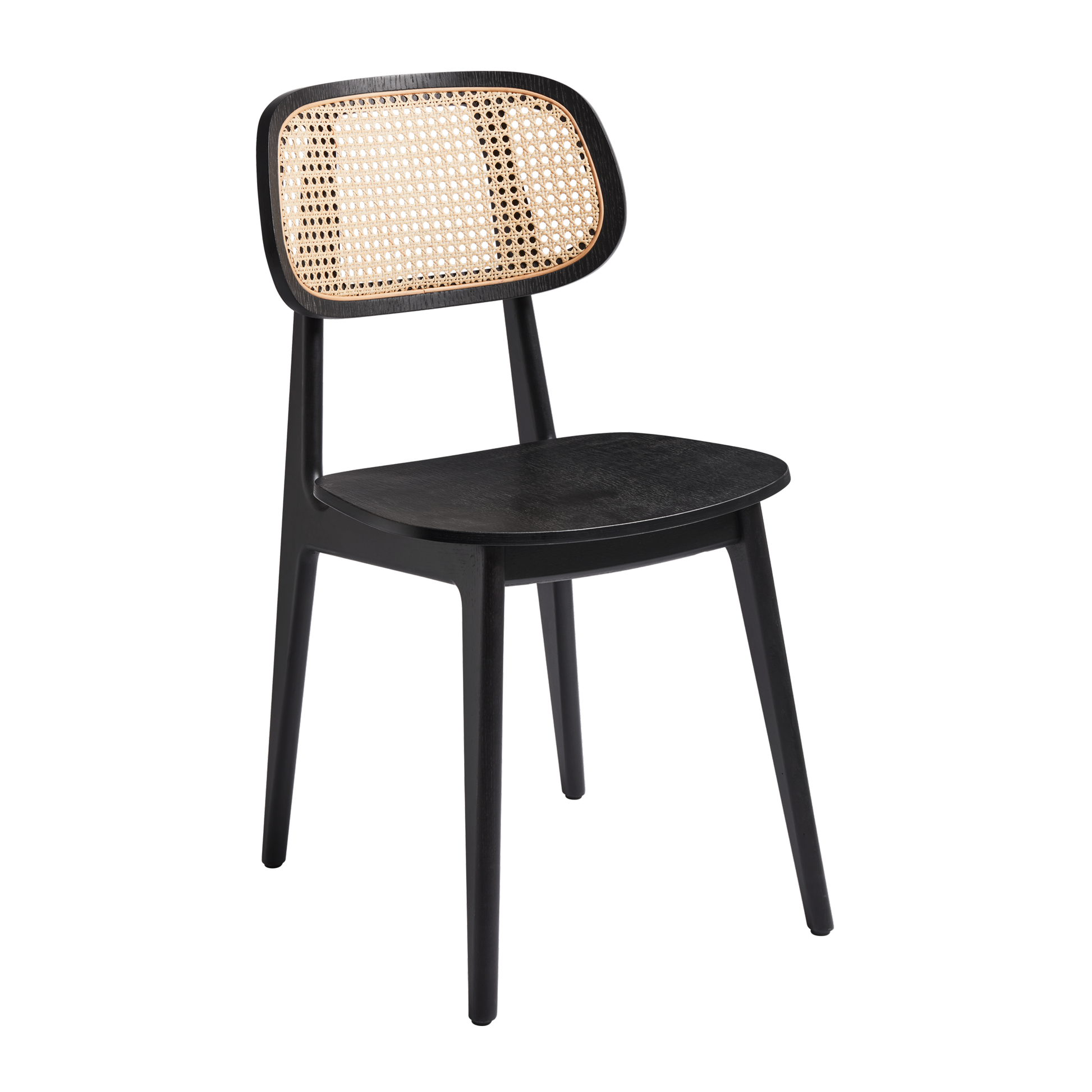 Relish Side Chair - Beech Satin Black frame with natural cane back and Lascari Vintage Black seat pad, designed for durability and style in commercial interiors.