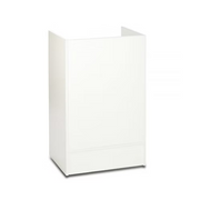 White retail cash register counter and till stand with lockable drawer and storage shelves