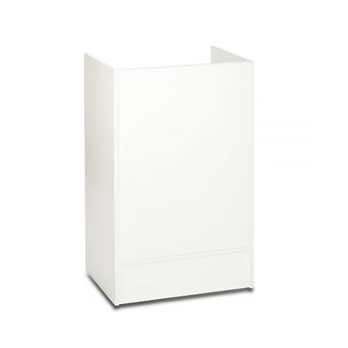 White retail cash register counter and till stand with lockable drawer and storage shelves