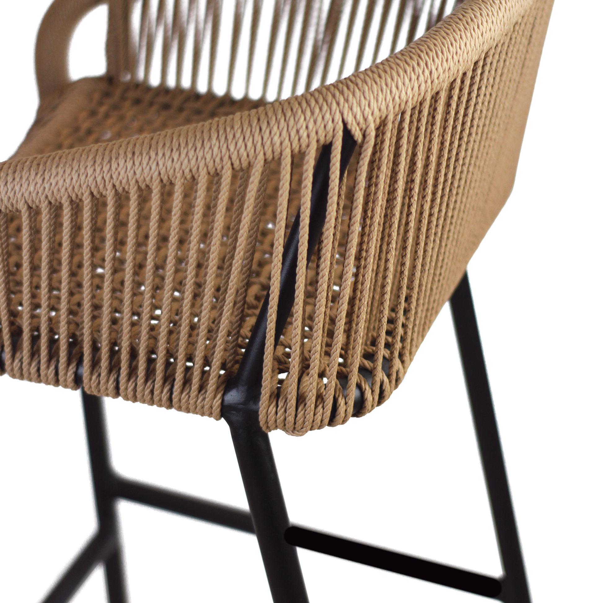 Close-up of the woven natural rope detail on the Rio Rope Bar Stool - Natural, highlighting its sturdy black metal frame and handcrafted texture.