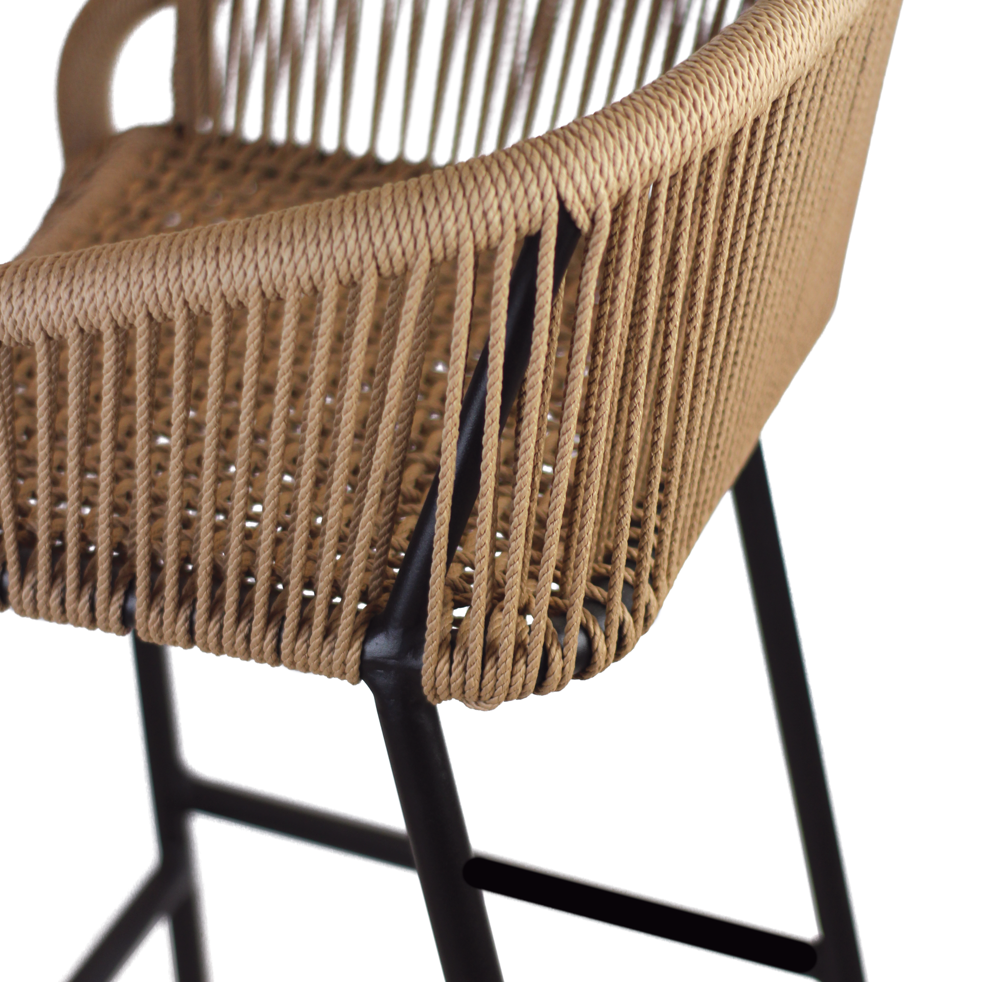 Close-up of the woven natural rope detail on the Rio Rope Bar Stool - Natural, highlighting its sturdy black metal frame and handcrafted texture.