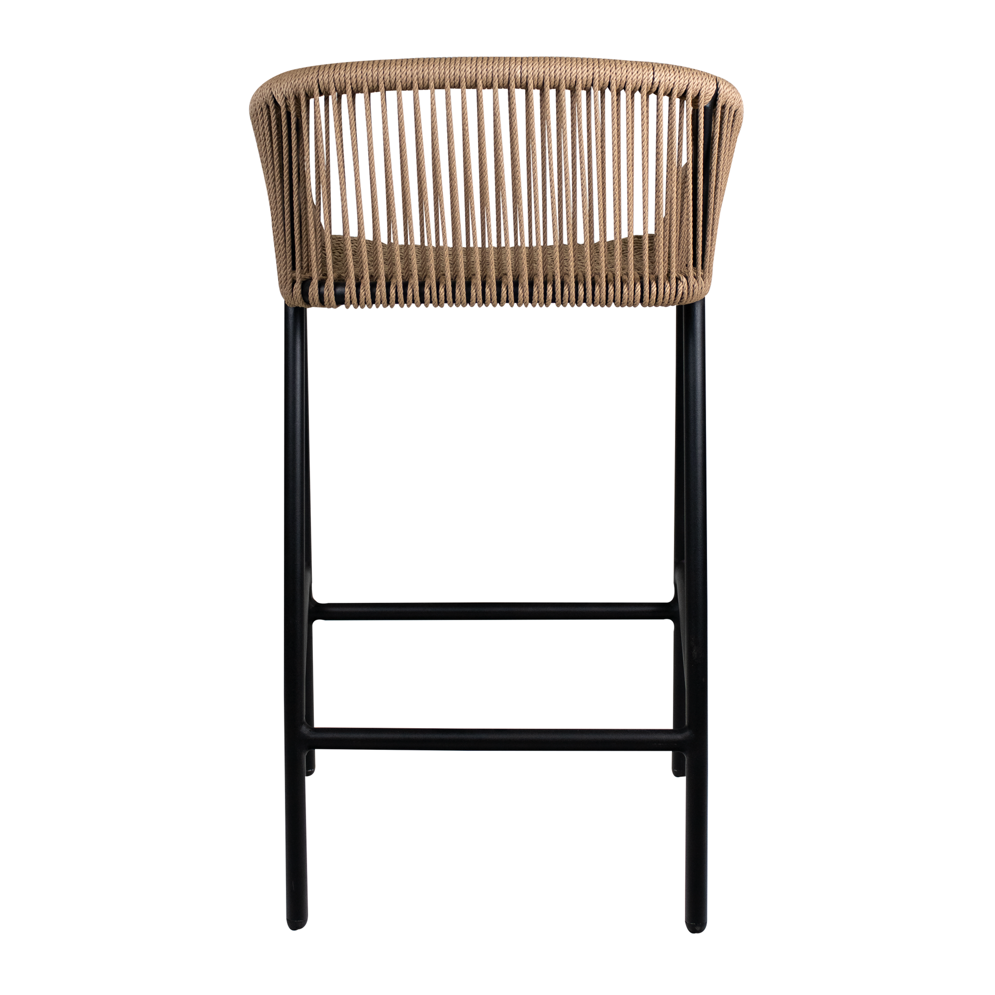 Rio Rope Bar Stool - Natural featuring a woven rope backrest in natural tones supported by a black metal frame, designed for stylish and durable seating.