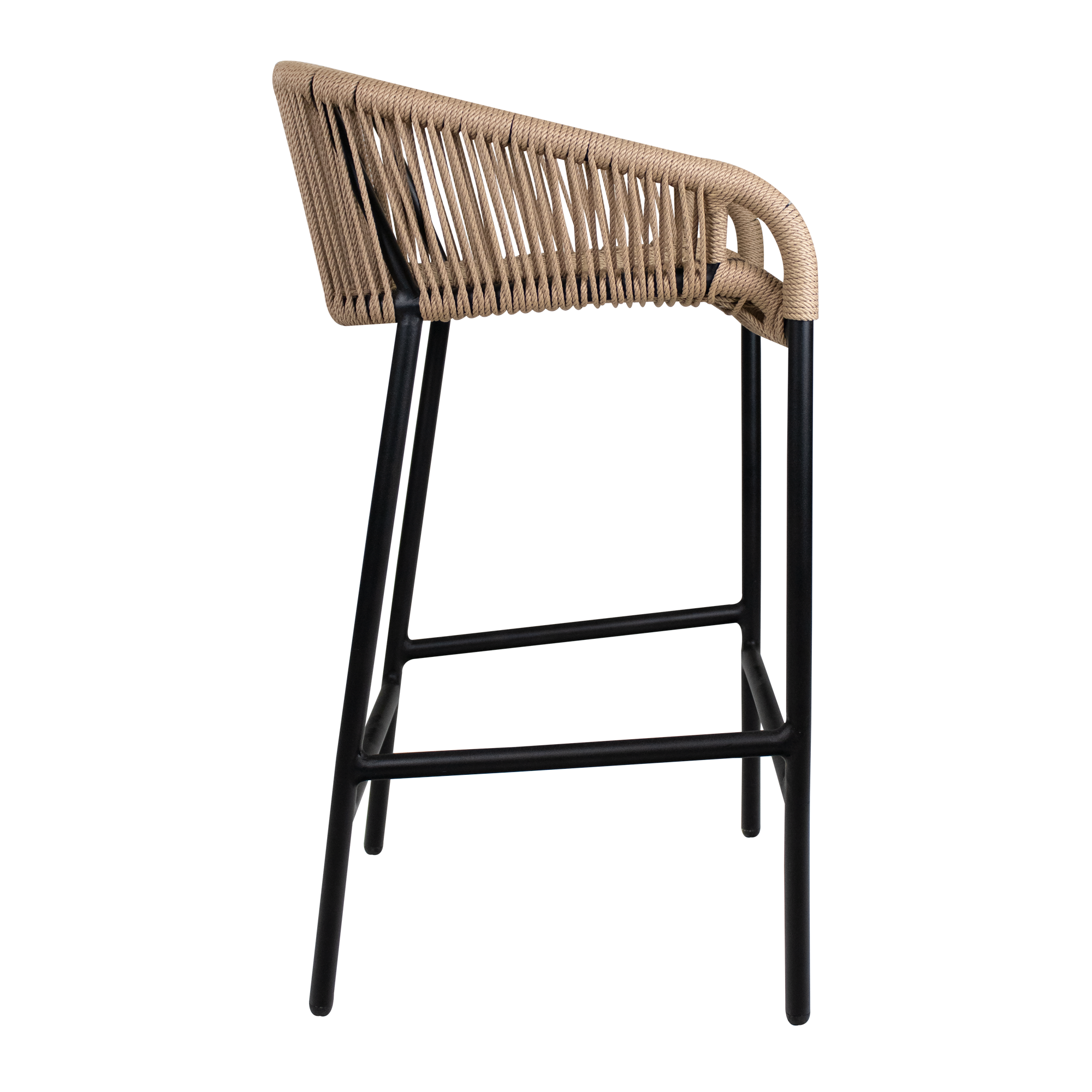 Rio Rope Bar Stool - Natural with a woven natural rope backrest and black metal legs, designed for commercial and hospitality spaces with durable contract furniture quality.