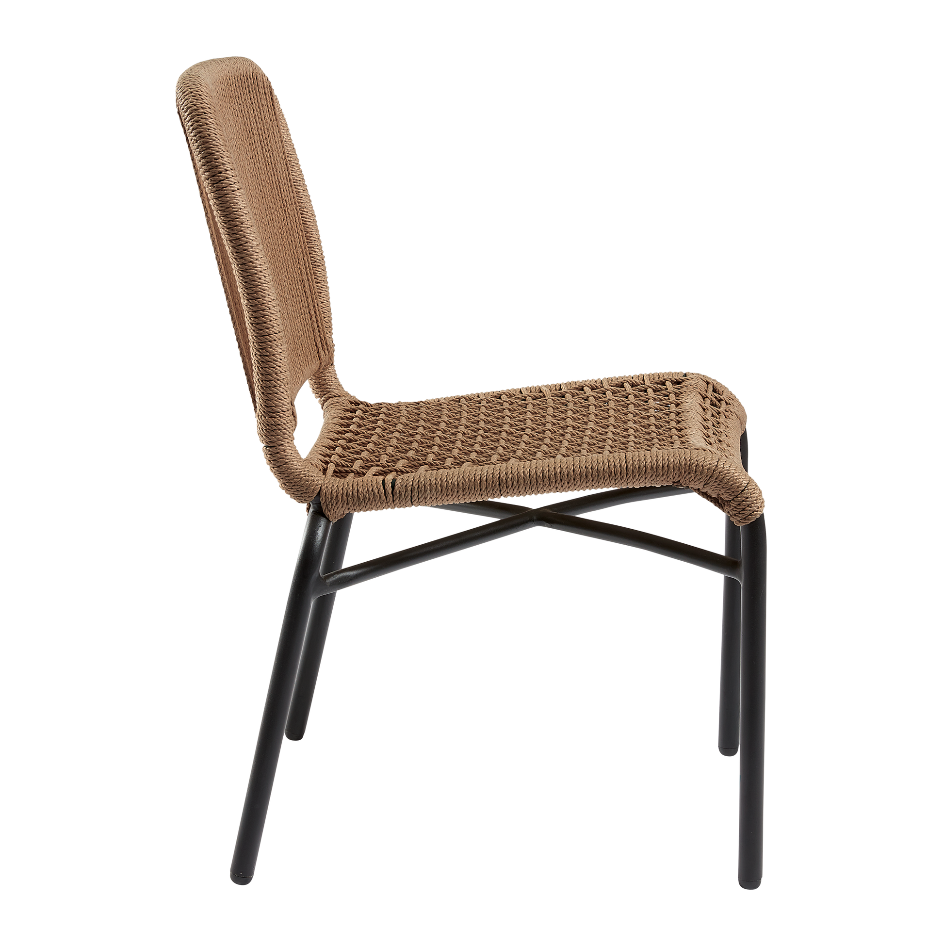 Side view of the Rio Rope Side Chair - Natural showcasing its woven natural rope seat and backrest supported by a sleek black metal frame, ideal for contemporary interiors.