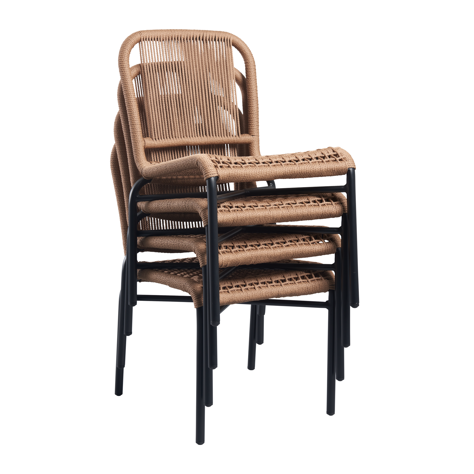 Three stacked Rio Rope Side Chairs - Natural with black metal legs and woven natural rope seats and backs designed for stylish, durable seating.