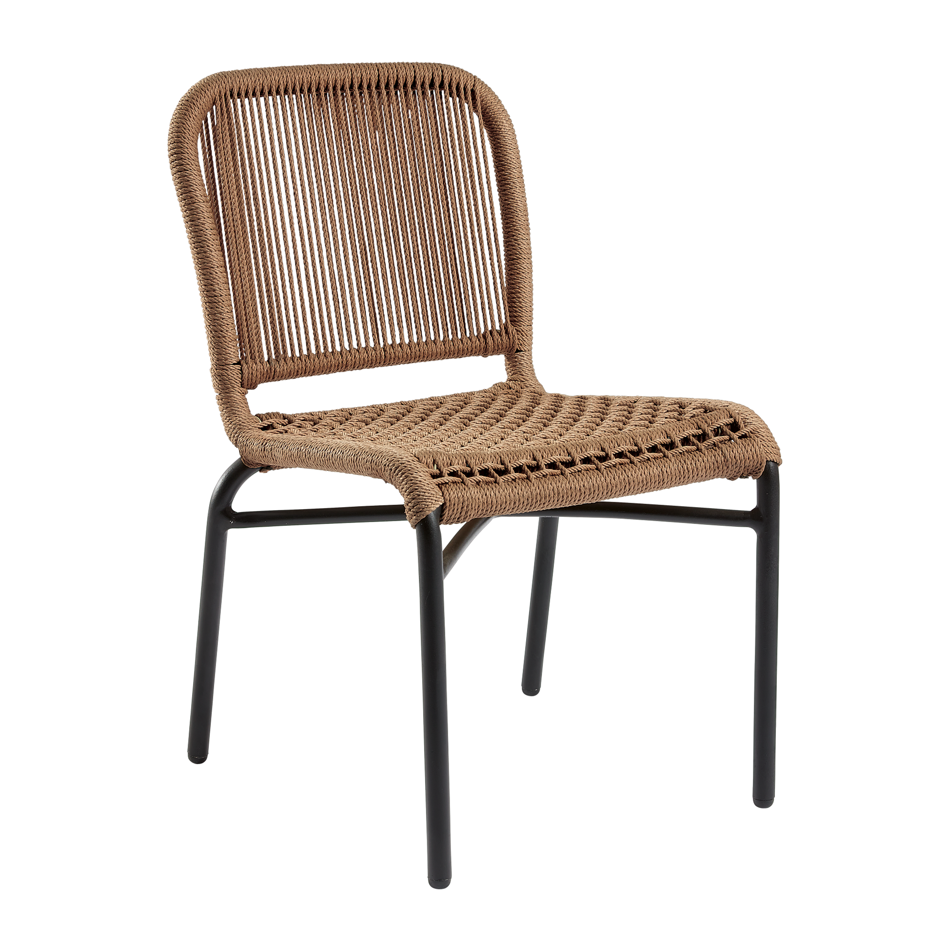 Rio Rope Side Chair - Natural featuring a durable woven rope seat and backrest with sleek black metal legs, ideal for commercial and hospitality settings.