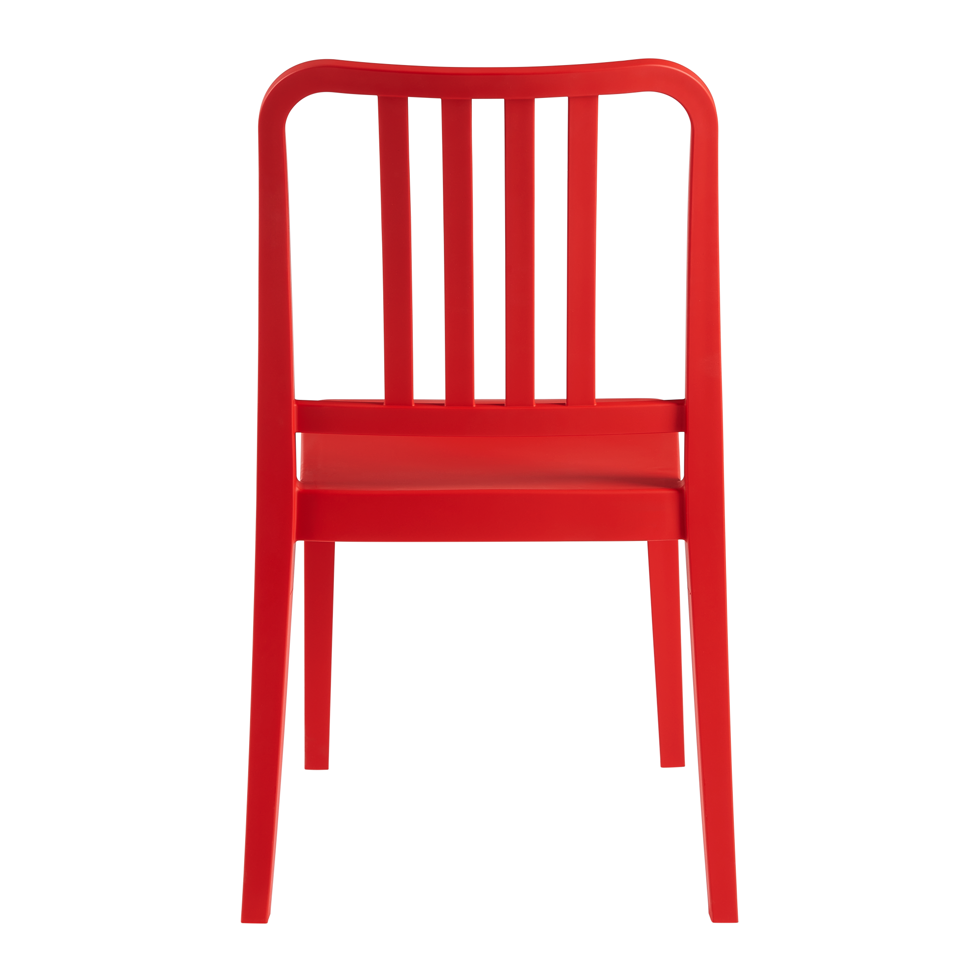 Back view of a vibrant red chair with a simple, clean design, showcasing the Rock Recycled Side Chair - Anthracite in a vivid alternative color option.