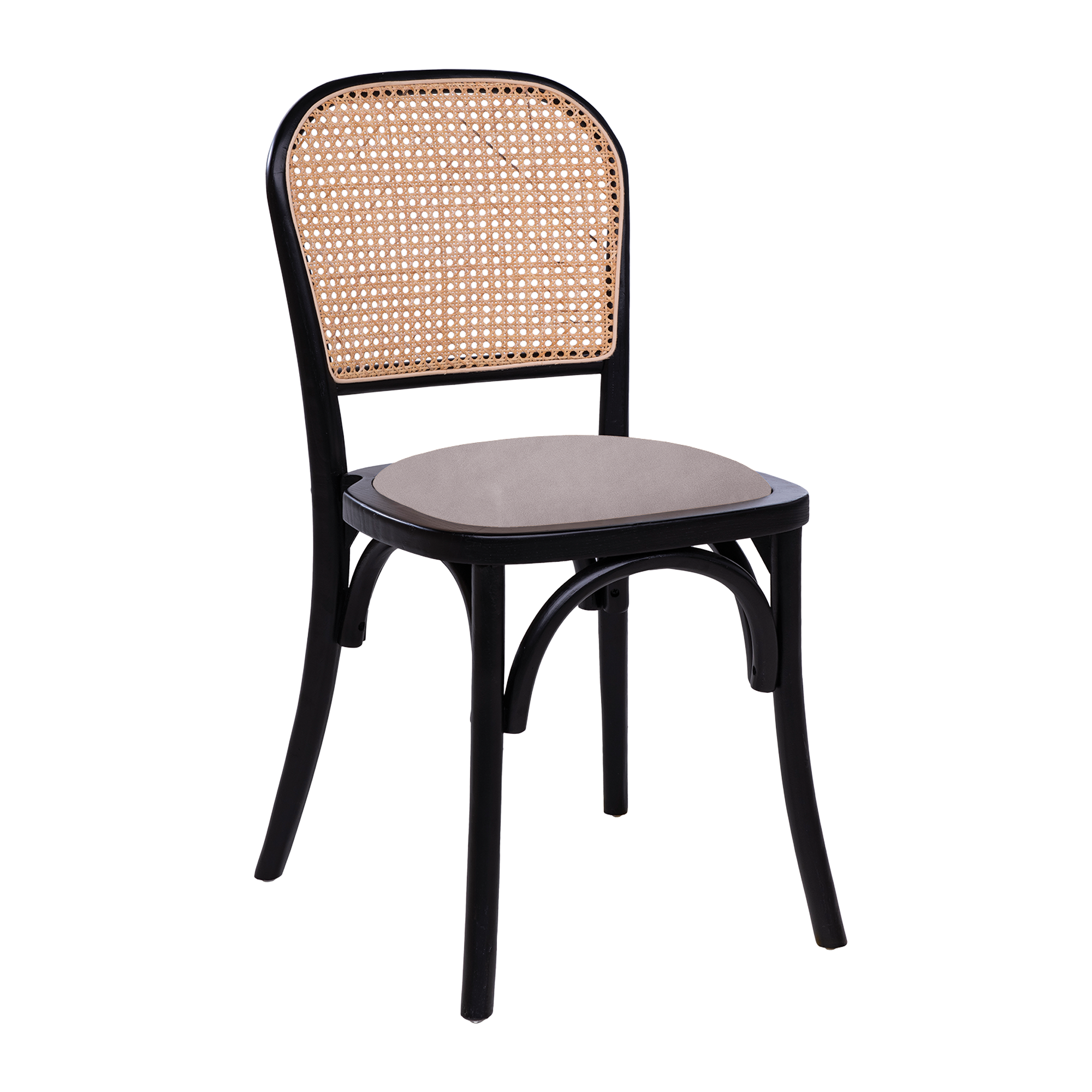 Classic black frame chair featuring woven cane backrest and a Ronda Stacking Side Chair Seat Pad - Cream Velvet cushion for added comfort and style.