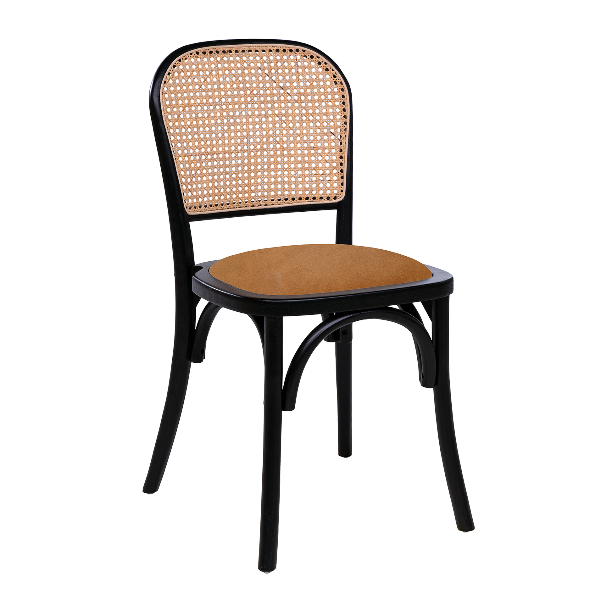 Ronda Stacking Side Chair - Black Frame - Gold Velvet Upholstered Seat Pad featuring a black wooden frame with curved legs and a woven cane backrest, upholstered with a gold velvet seat pad.