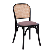 Commercial Restaurant Bar Dining Chair with black frame, woven backrest, and pink cushion on a white background