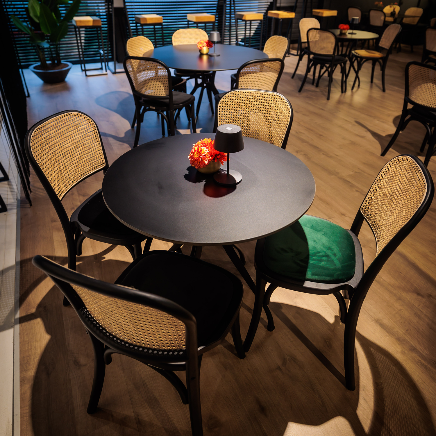 Commercial Interiors Modern black dining chairs with cane backs surrounding a round black table in a stylish dining area, featuring one chair accented with a Ronda Stacking Side Chair Seat Pad - Gold Velvet cushion.