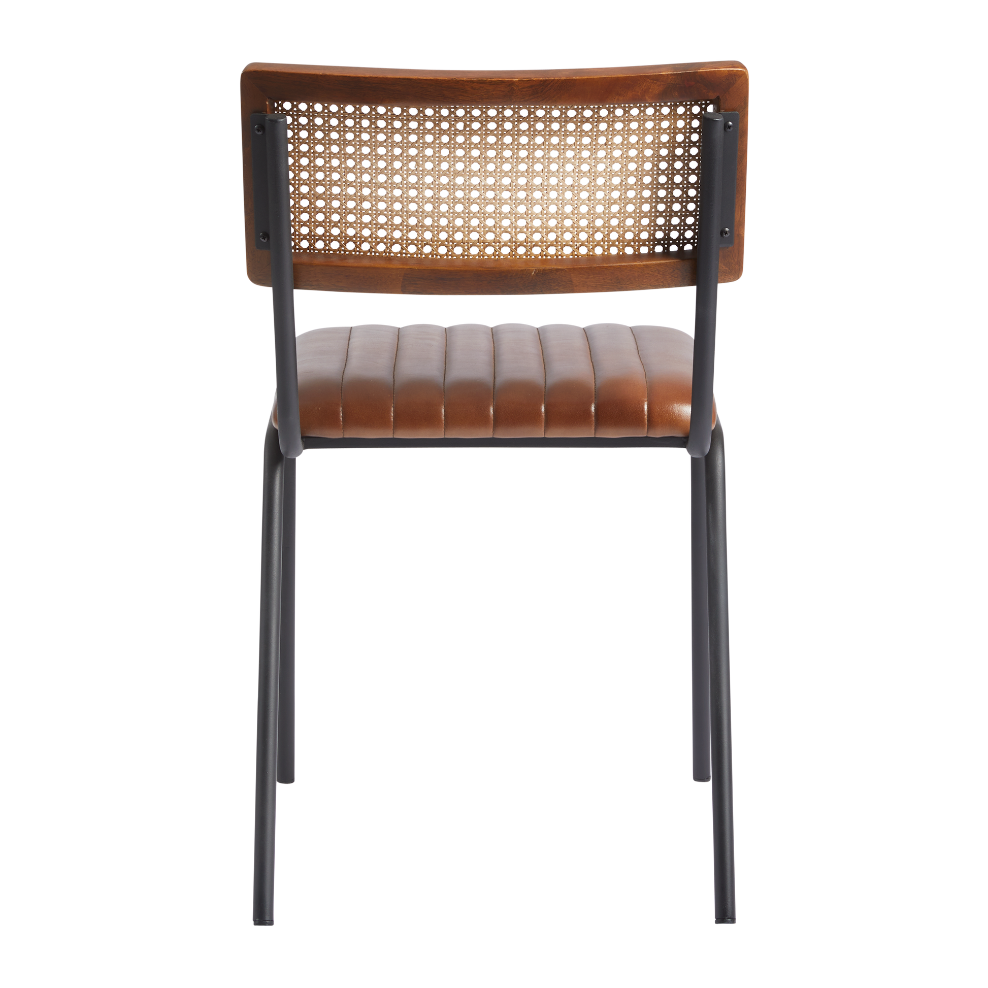 Savanna Sidechair - Genuine Pecan Brown Leather featuring a woven wooden backrest, padded leather seat, and sturdy black metal legs, designed for commercial and hospitality use.
