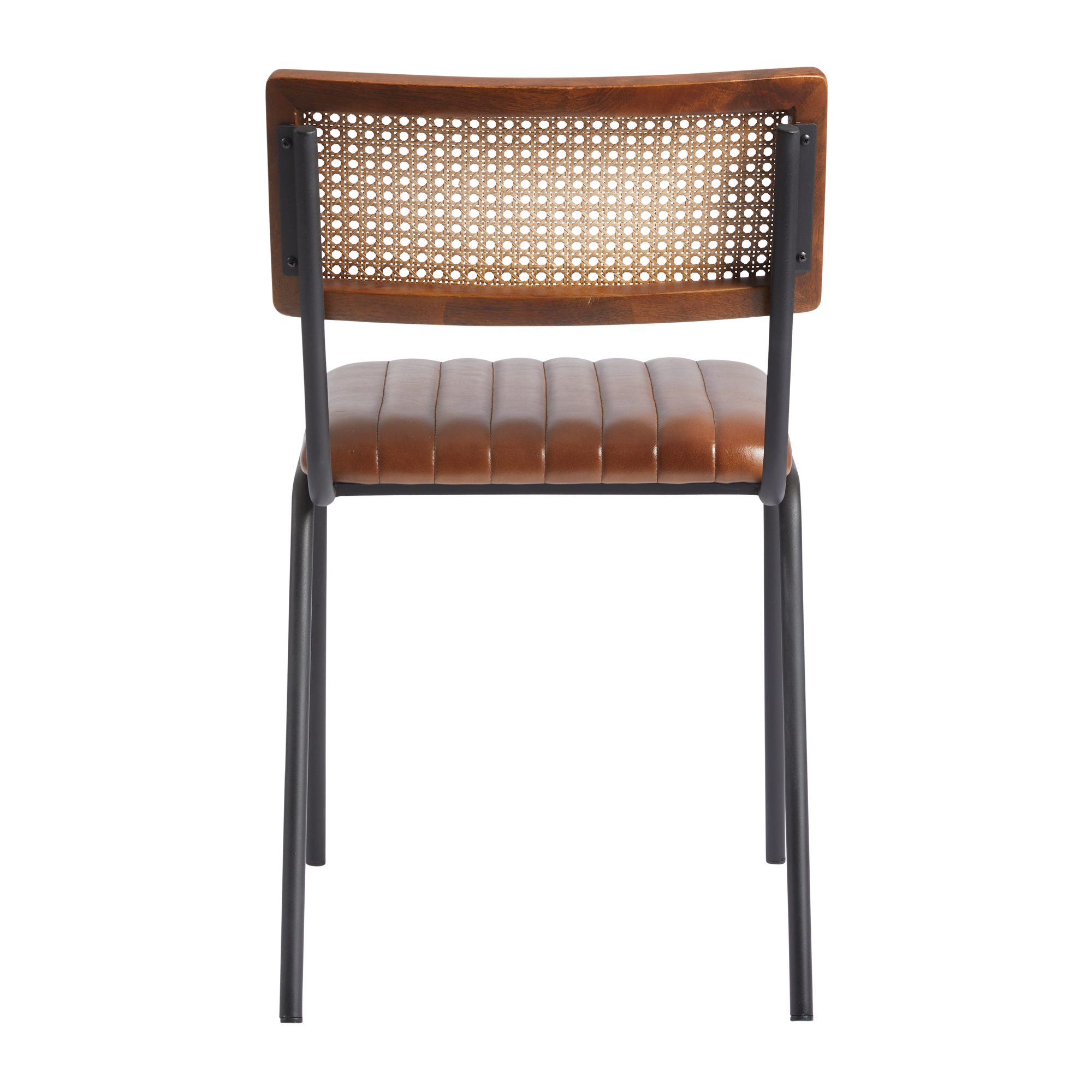 Savanna Sidechair - Genuine Pecan Brown Leather featuring a woven wooden backrest, padded leather seat, and sturdy black metal legs, designed for commercial and hospitality use.