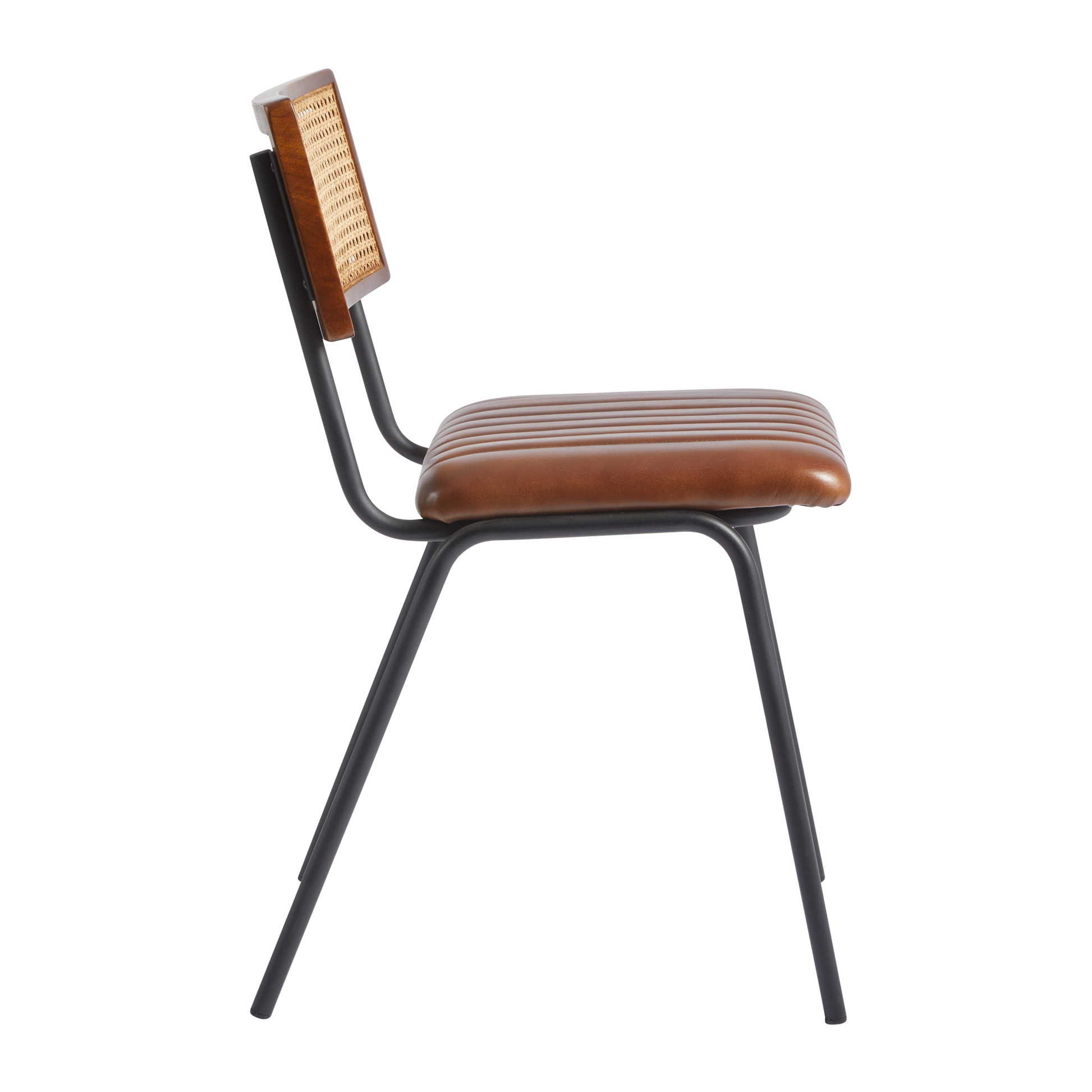 Savanna Sidechair - Genuine Pecan Brown Leather featuring a sleek black metal frame, ribbed leather seat cushion, and woven wood backrest for stylish commercial interiors.