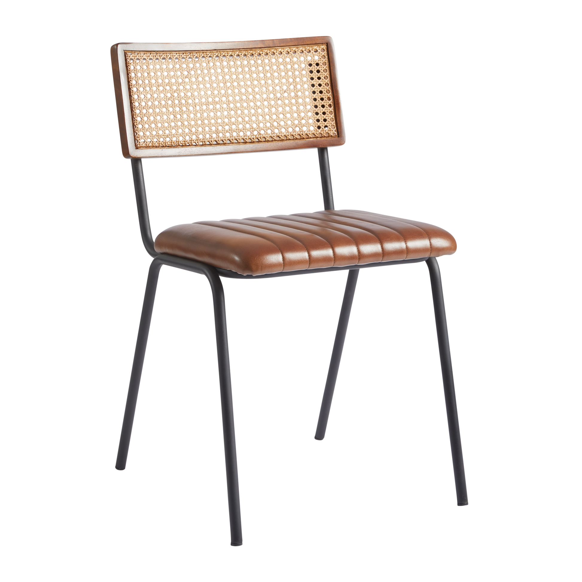 Savanna Sidechair - Genuine Pecan Brown Leather with a sleek black metal frame and woven rattan backrest, designed for stylish and durable commercial seating.
