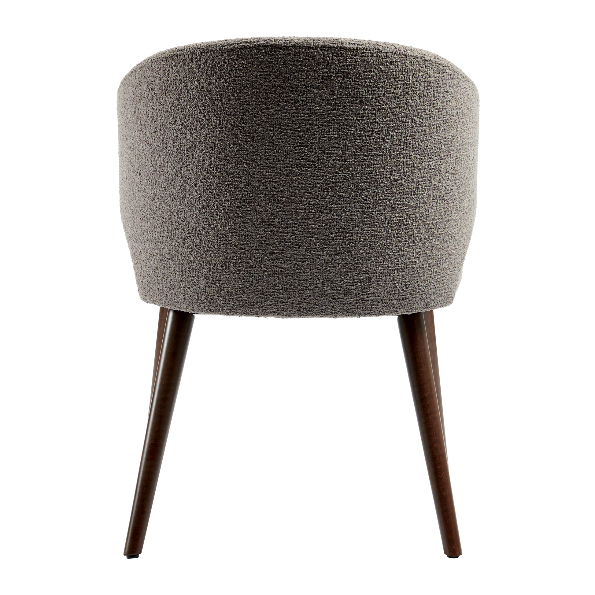 Back view of the Selma Armchair - Grey showing its rounded upholstered backrest and tapered dark wooden legs, designed for stylish commercial interiors.