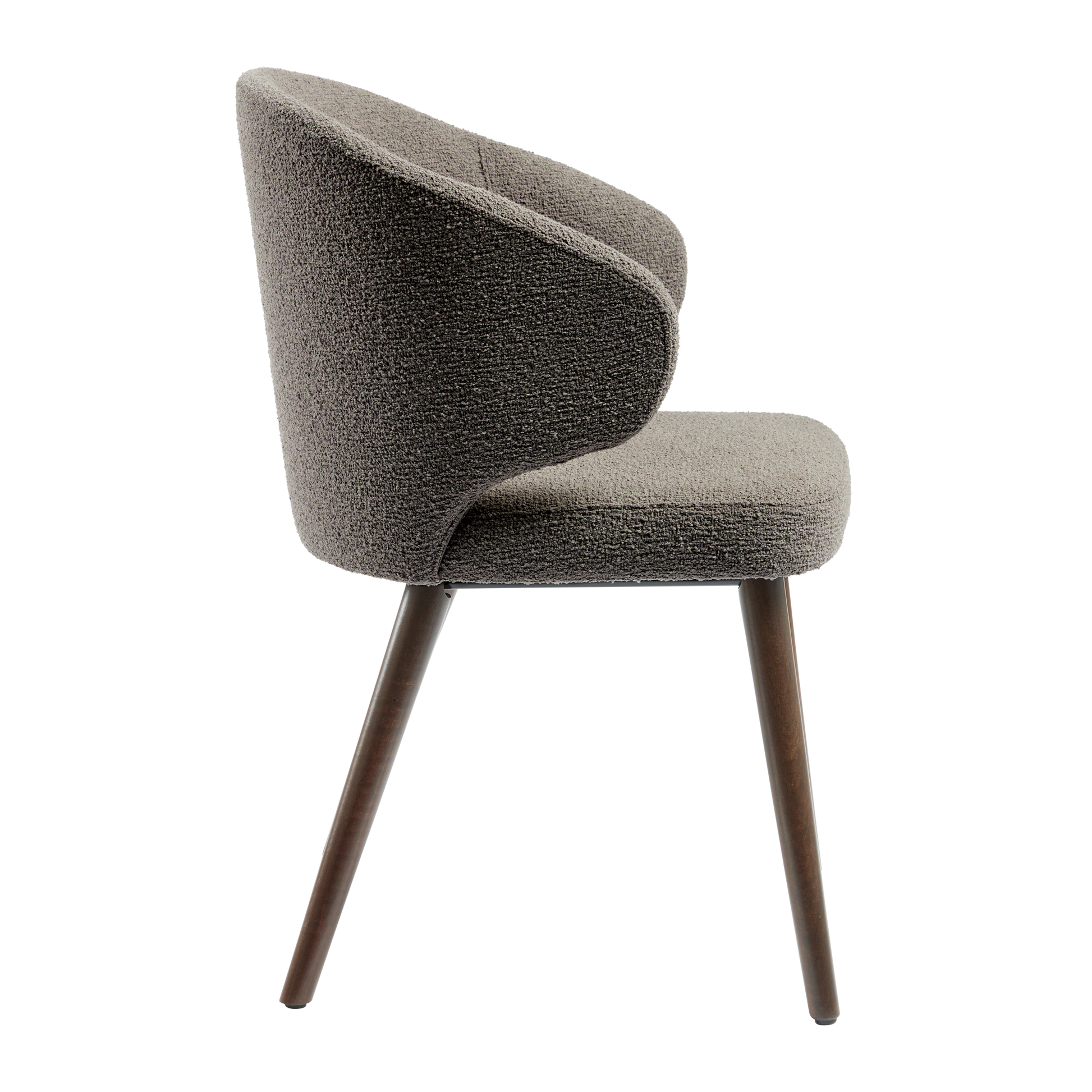 Selma Armchair - Grey features a curved upholstered seat and backrest with textured fabric and tapered wooden legs, designed for stylish and comfortable seating.