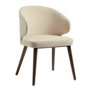 Selma Armchair - Natural with a curved upholstered backrest and cushioned seat in textured beige fabric, supported by four angled wooden legs for a modern, elegant look.