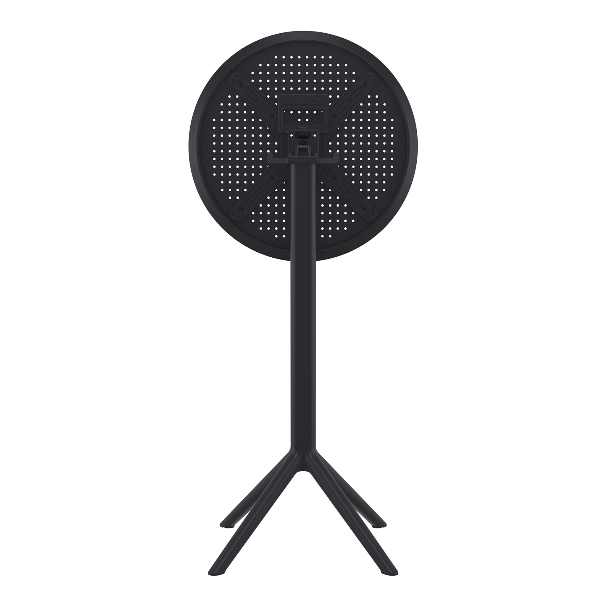 Sky Folding Bar Table - 60cm Diameter - Black shown in its folded position with a sturdy base designed for space-saving and easy storage.