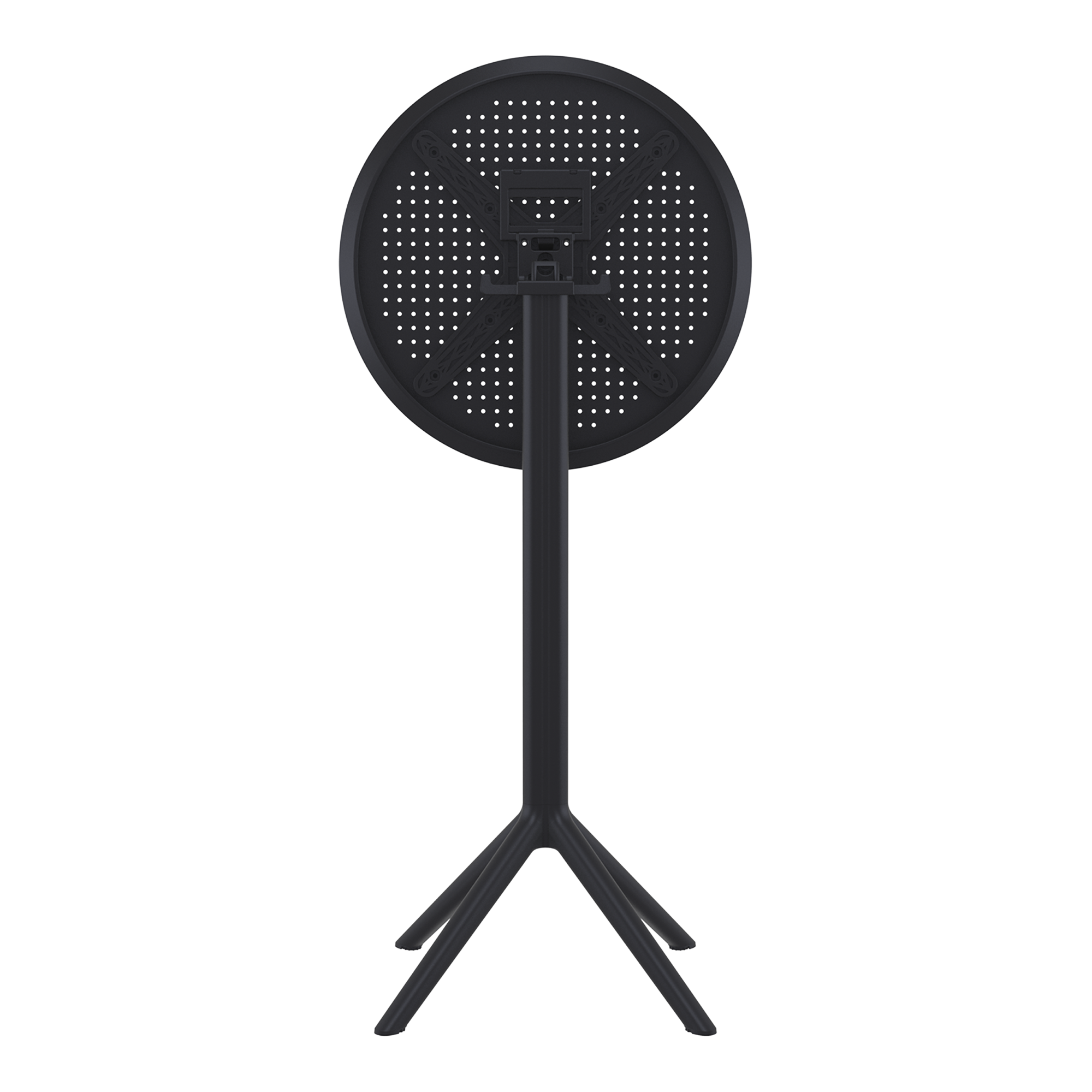 Sky Folding Bar Table - 60cm Diameter - Black shown in its folded position with a sturdy base designed for space-saving and easy storage.