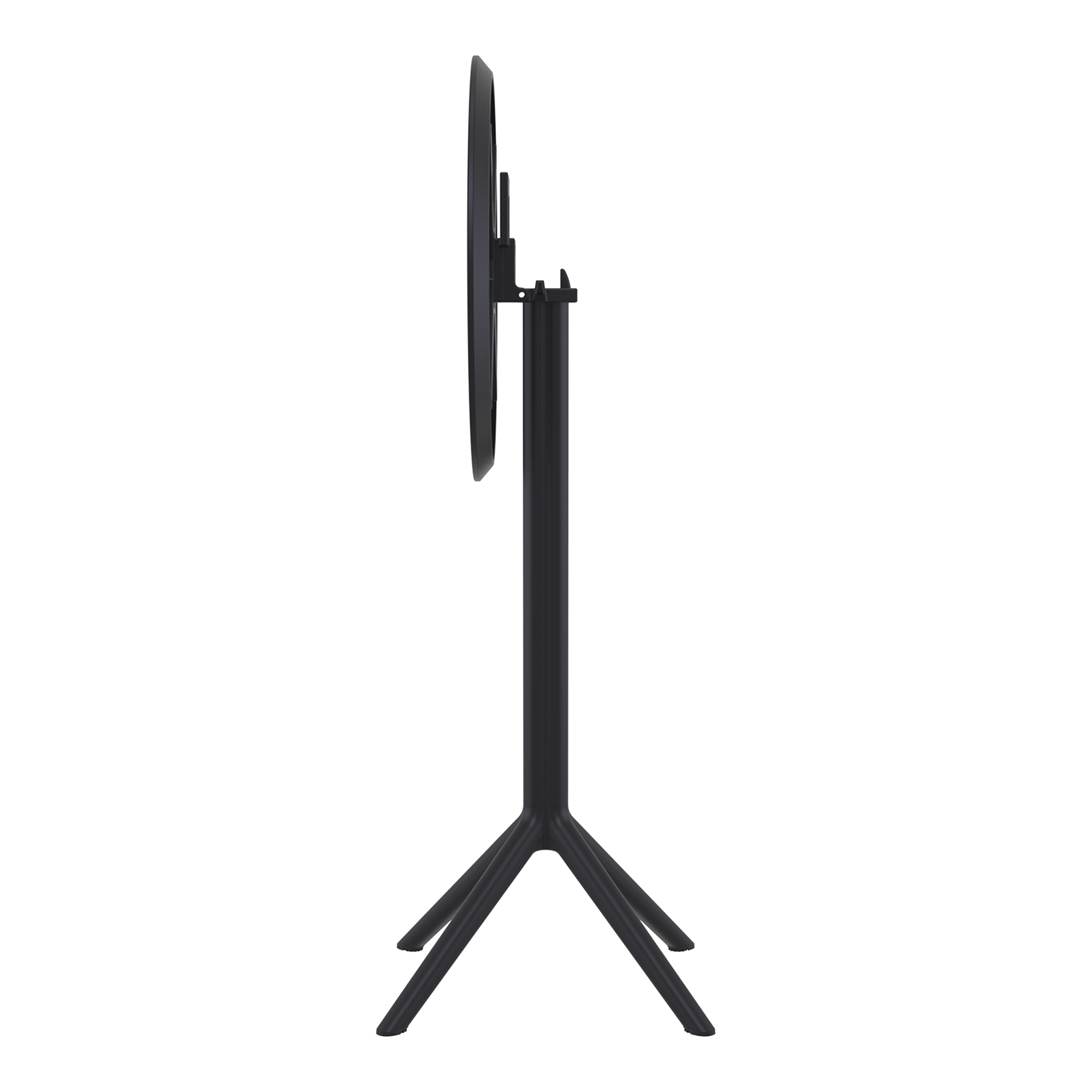 Side view of the Sky Folding Bar Table - 60cm Diameter - Black showing its slim, space-saving folded design with sturdy three-legged base for commercial and hospitality use.
