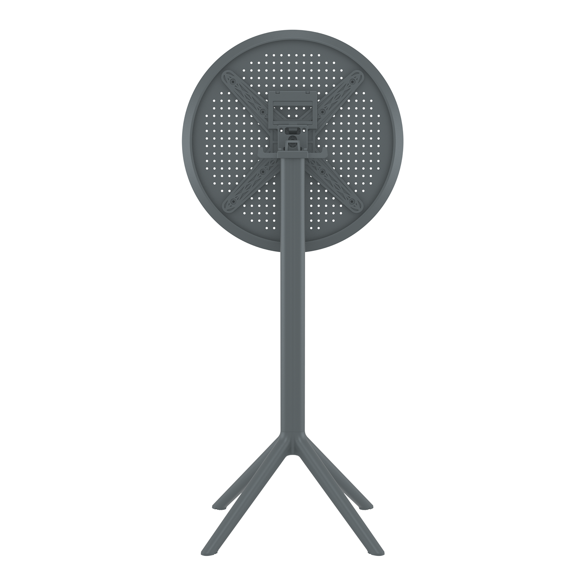 Sky Folding Bar Table - 60cm Diameter - Dark Grey shown folded upright, highlighting its compact design and sturdy metal construction ideal for commercial and hospitality use.