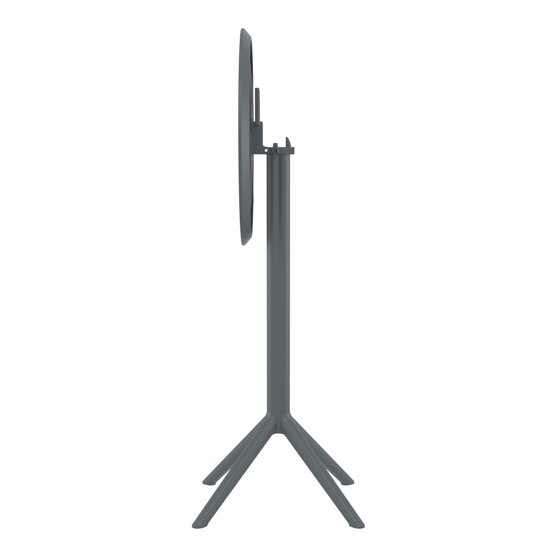 Sky Folding Bar Table - 60cm Diameter - Dark Grey shown folded vertically with tripod base, ideal for space-saving in commercial and hospitality environments.