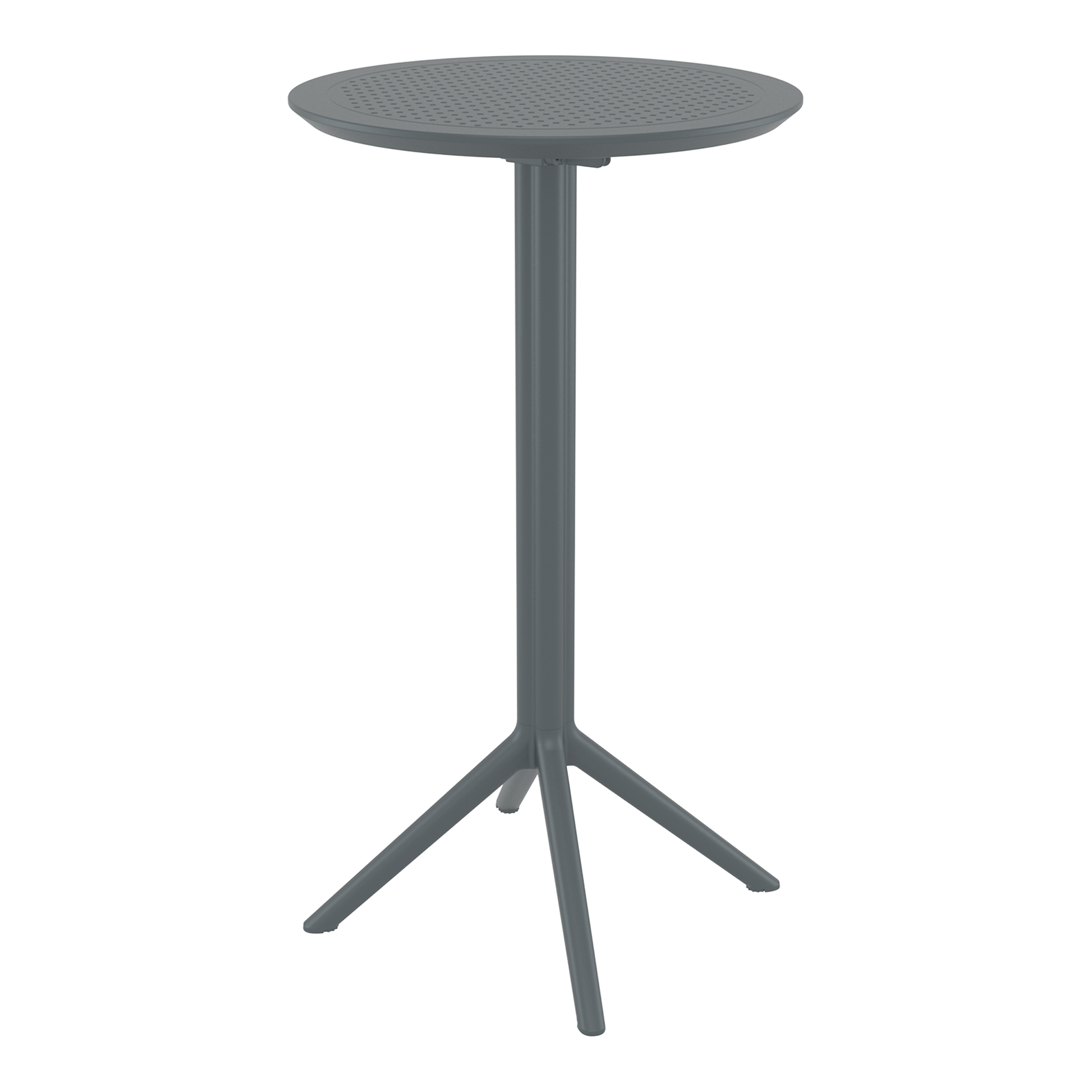 Sky Folding Bar Table - 60cm Diameter - Dark Grey with a round perforated top and sturdy tripod base, designed for commercial use and easy folding storage in hospitality settings.